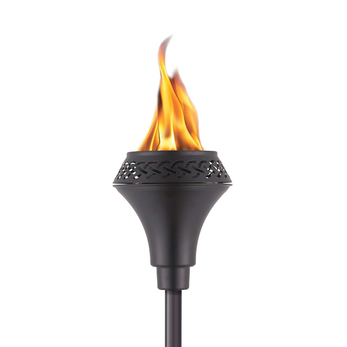 Black metal TIKI® torch with decorative cutouts, shown lit with a bright flame against a white background.