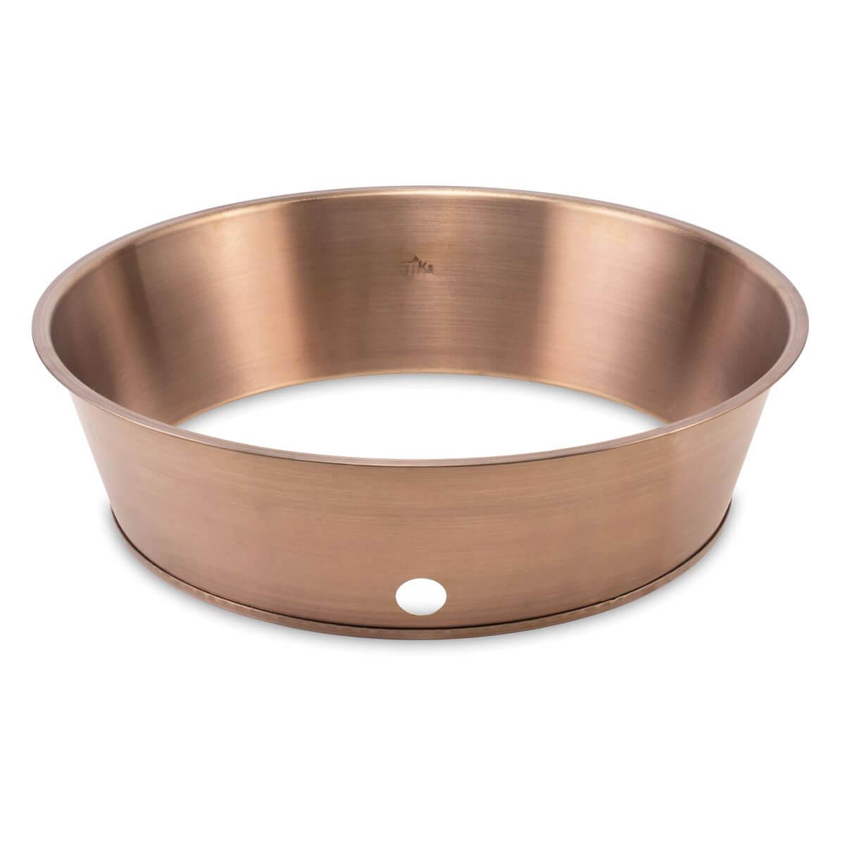 Copper-colored metal fire pit insert ring with drainage hole, designed for TIKI Brand fire pits.