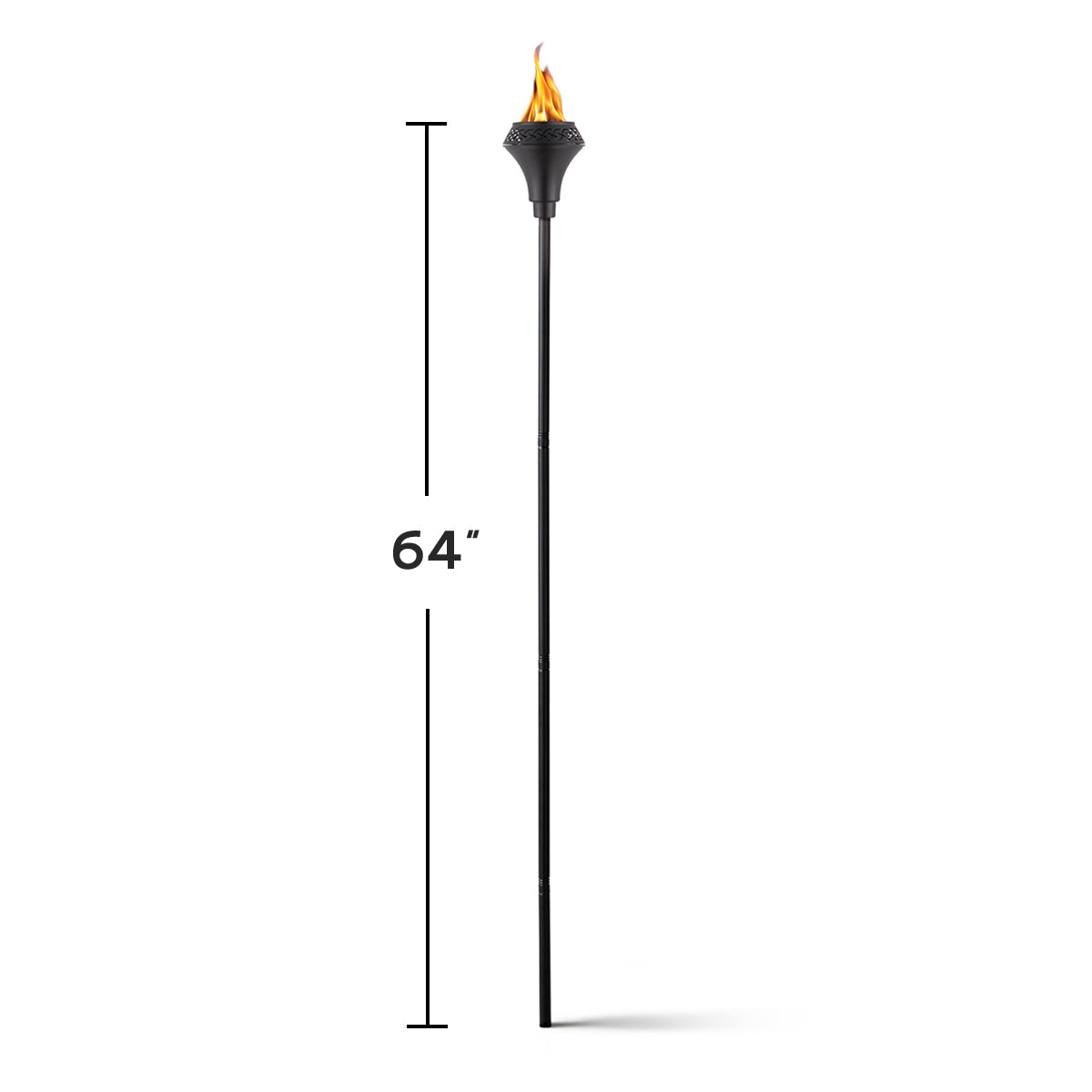 Black outdoor TIKI® torch with flame, 64 inches tall, shown on a white background for size reference.