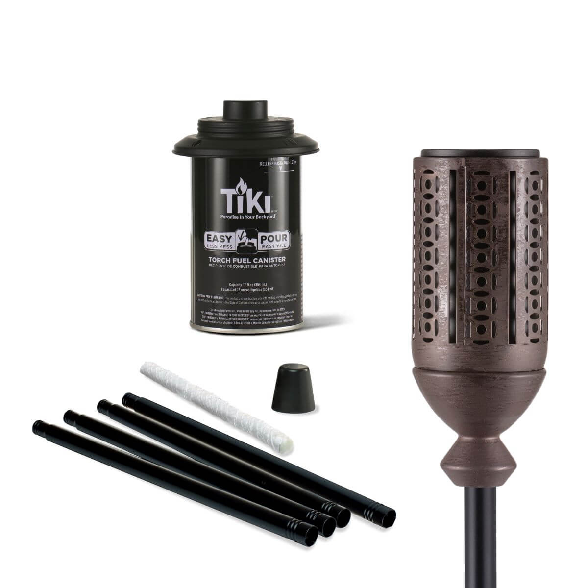 Bronze TIKI torch kit with fuel canister, wick, snuffer cap, and pole for outdoor lighting.