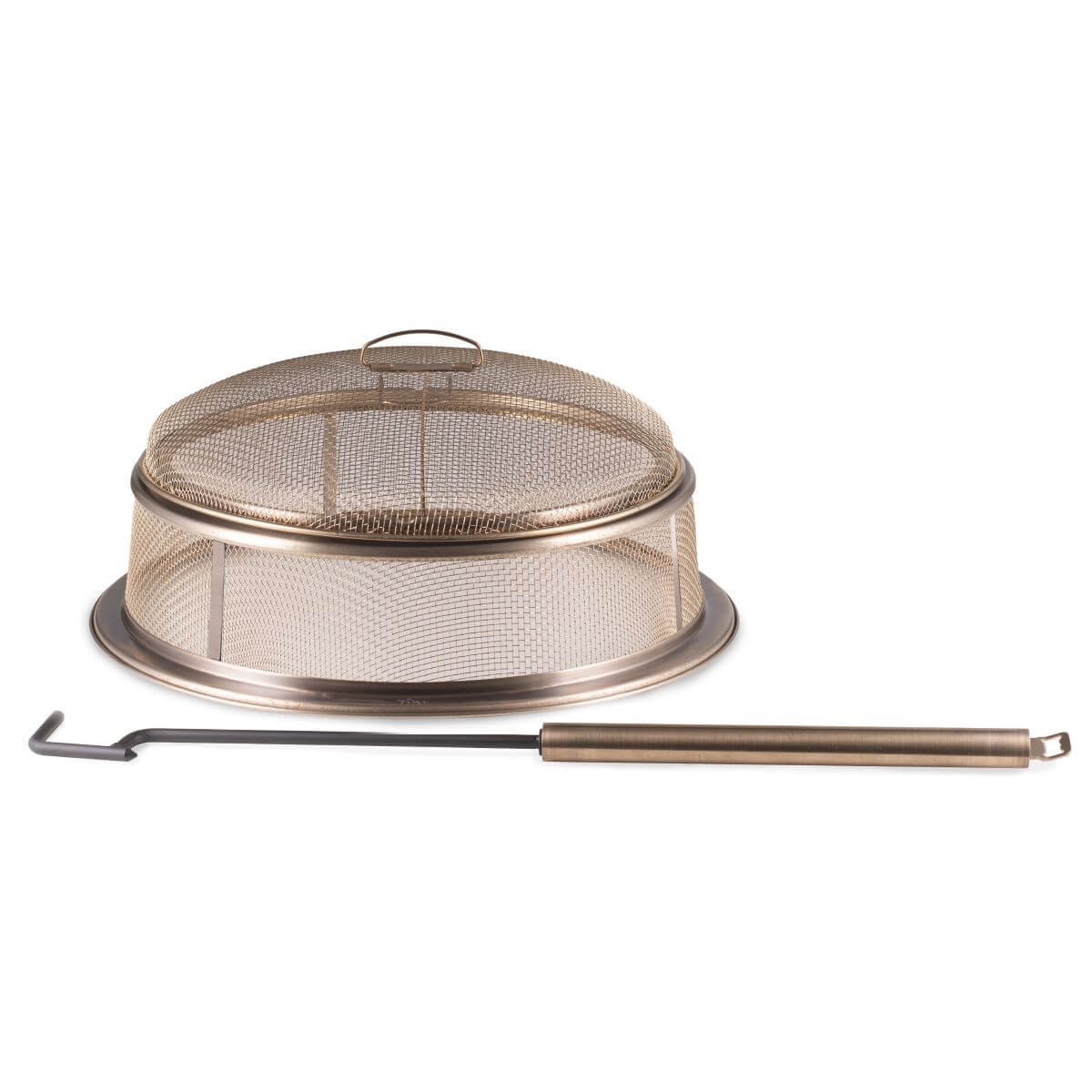 Round metal fire pit spark screen with handle and included fire poker, designed for outdoor fire safety.