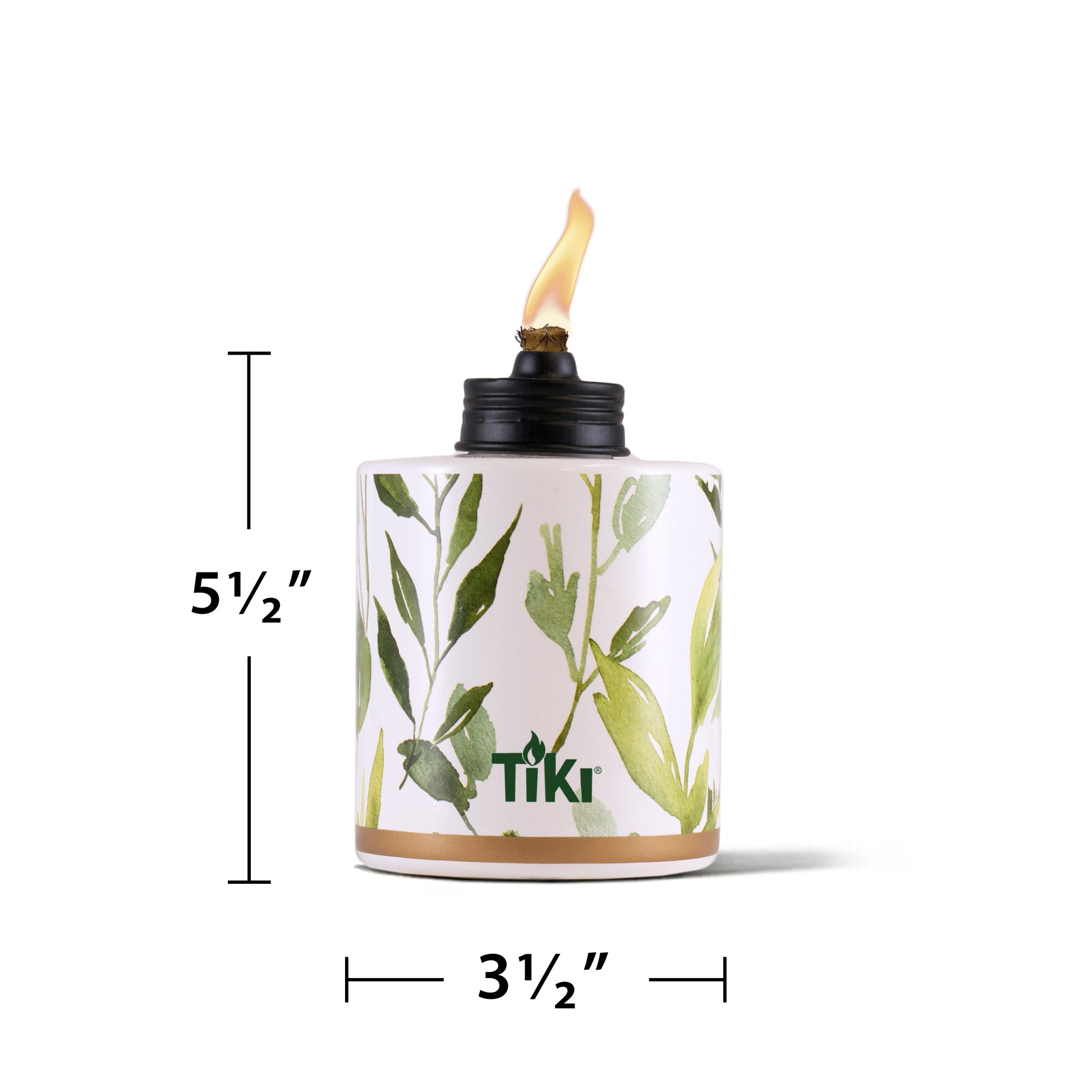 TIKI-brand torch fuel canister with leafy design, 5.5" tall by 3.5" wide, flame lit, suitable for outdoor use.