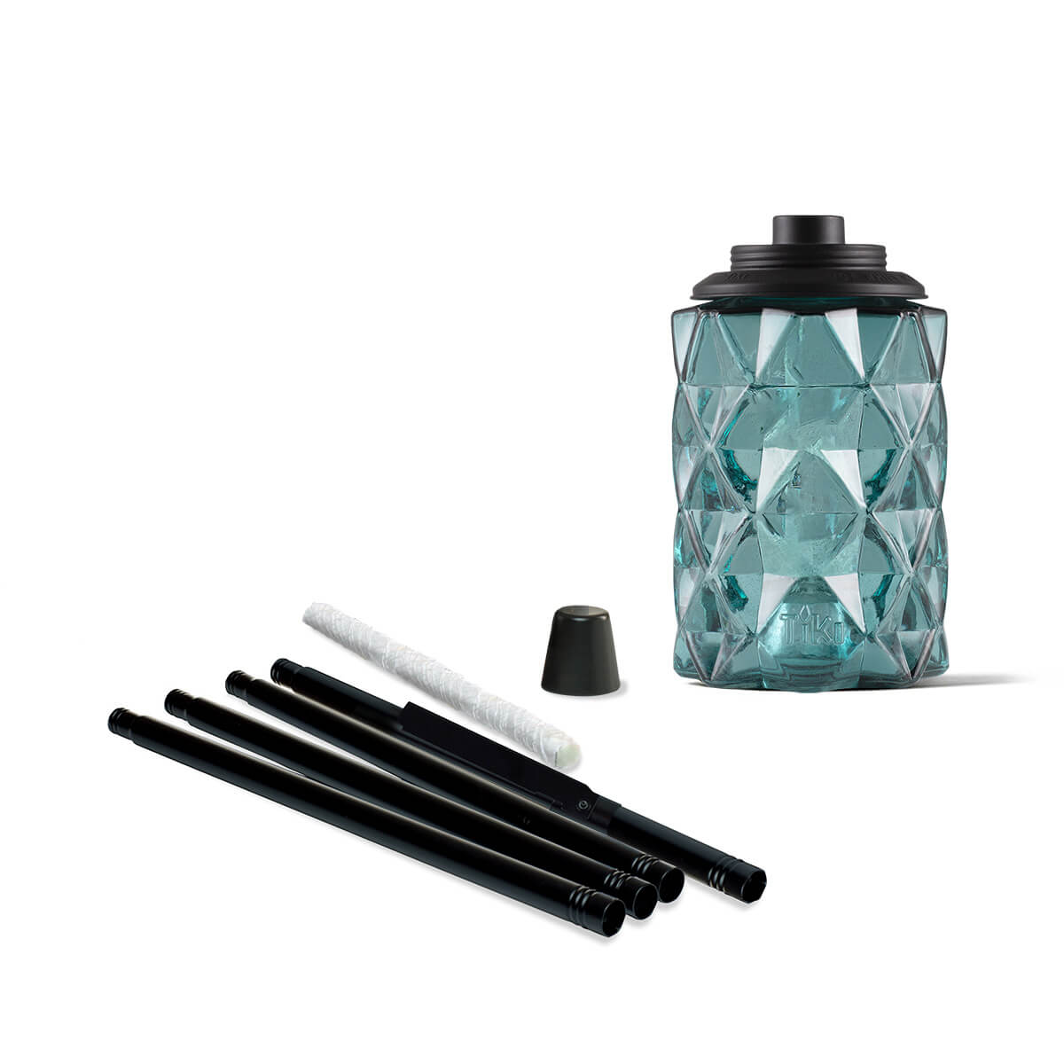 Blue glass TIKI torch with geometric pattern, black pole sections, wick, and snuffer cap, shown disassembled.