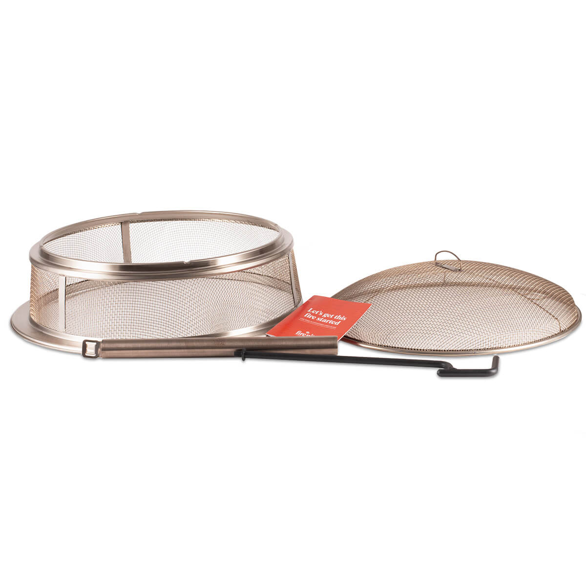 TIKI fire pit spark screen kit with mesh cover, lifting tool, and instructions for safe outdoor use.