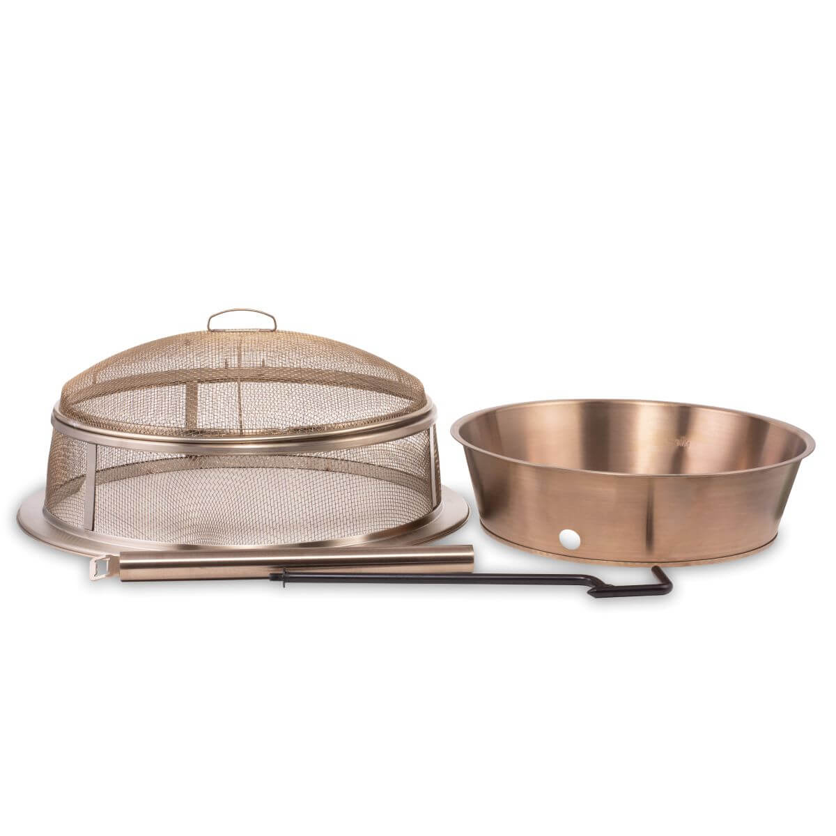 Bronze fire pit kit with mesh cover, bowl, and poker for safe outdoor fires. Easy assembly and ADA-friendly design.