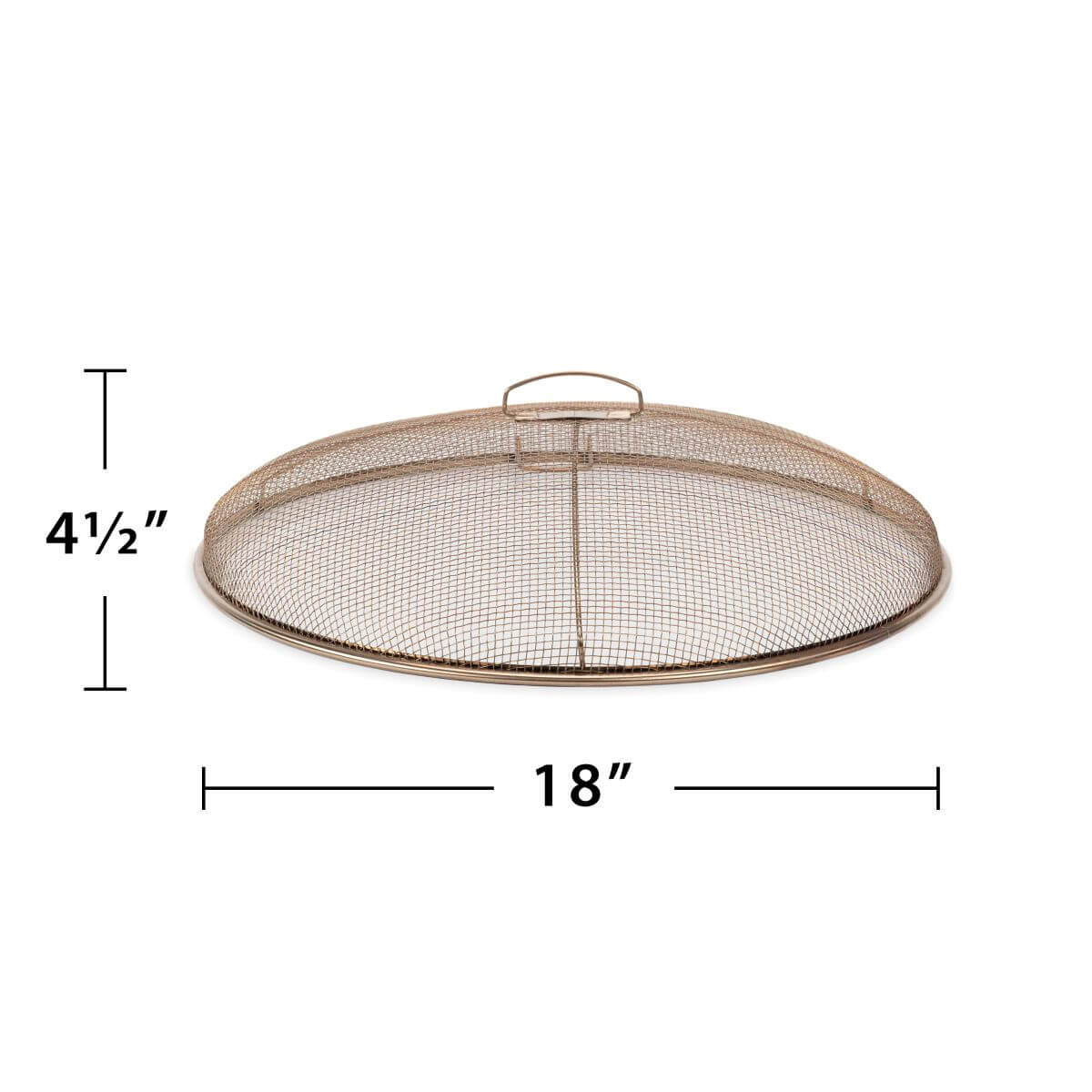 Round metal mesh fire pit screen, 18 inches wide by 4.5 inches tall, with a top handle for easy lifting.