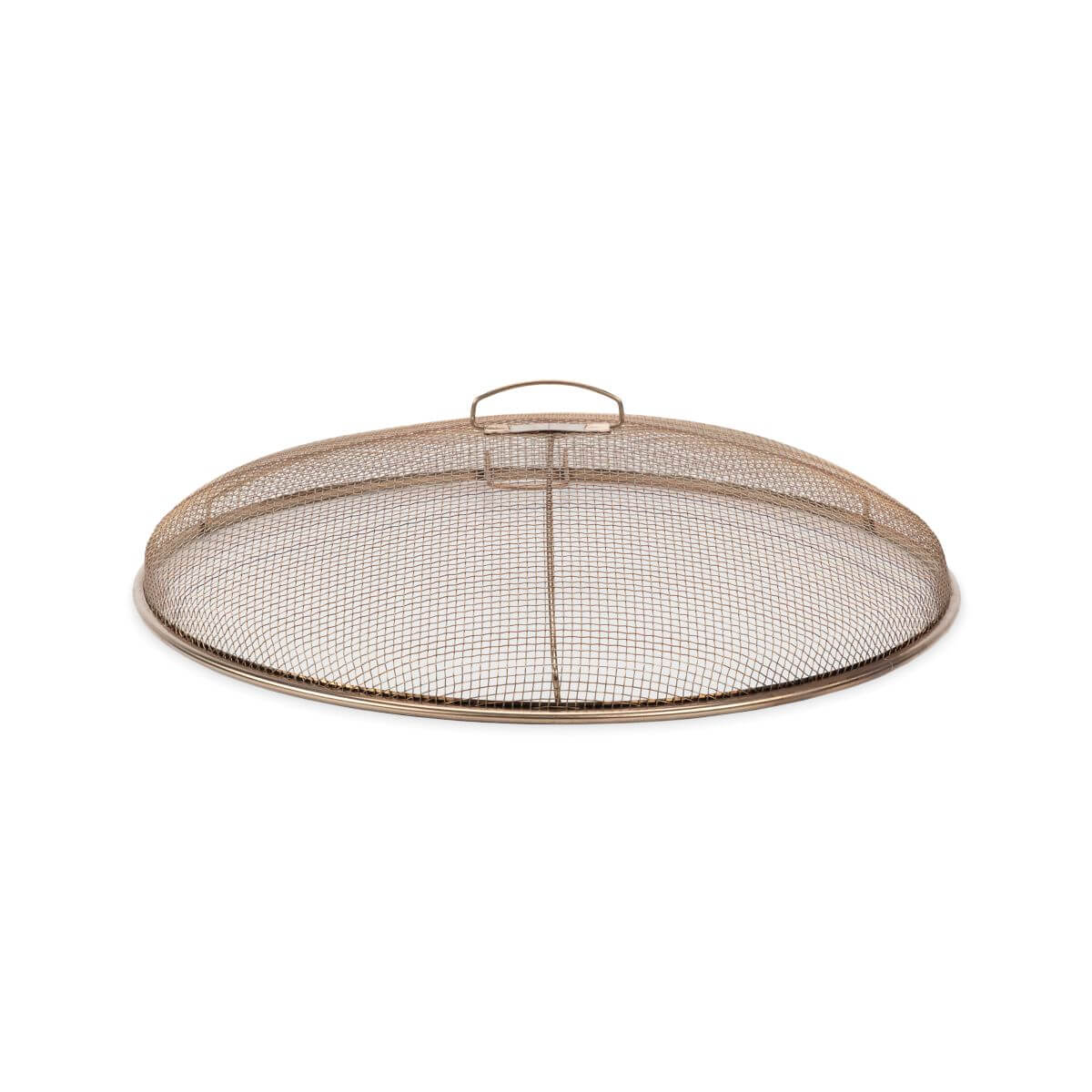 Round metal mesh fire pit screen with handle, designed to contain sparks and embers for outdoor fire safety.