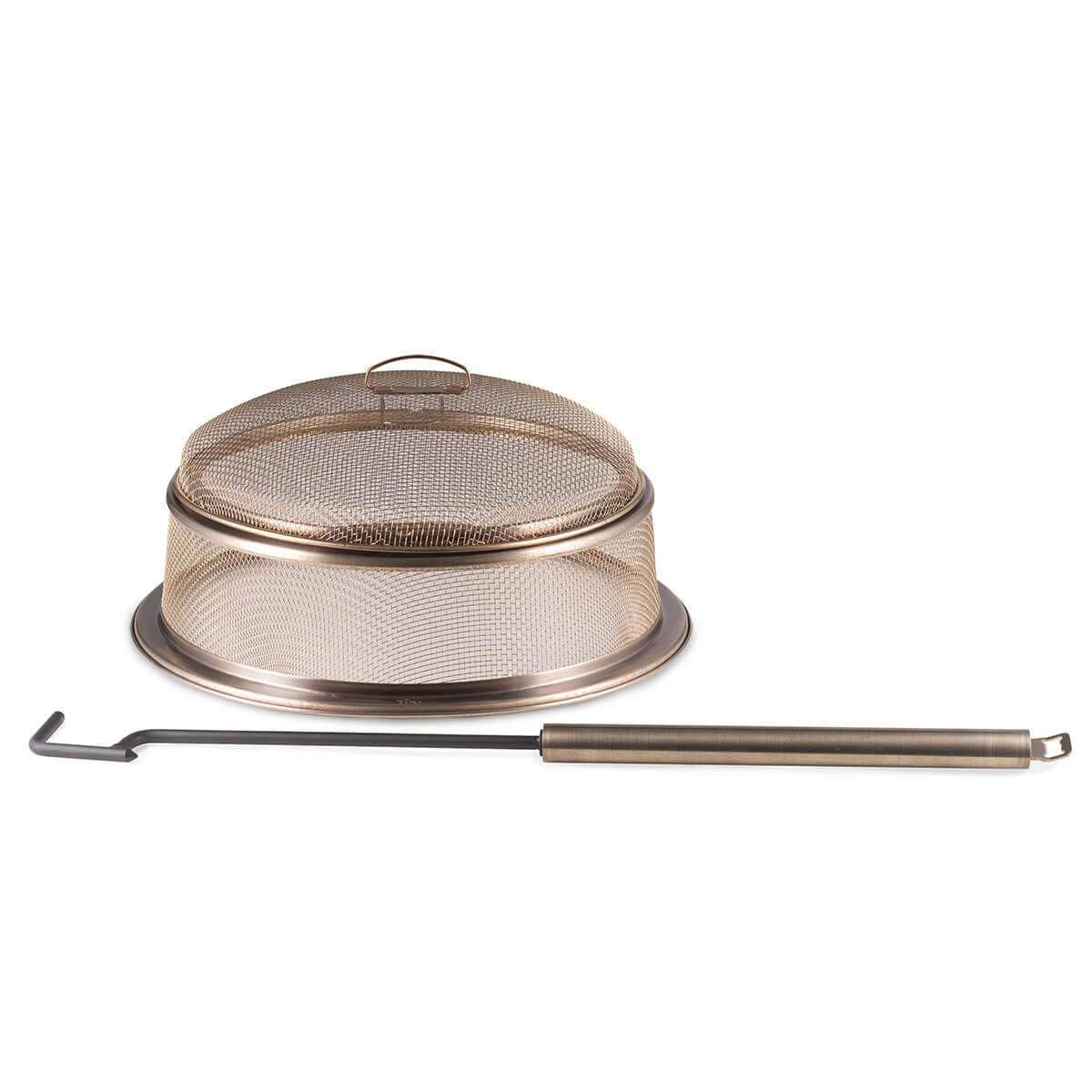 Bronze fire pit spark screen with handle, designed to protect from sparks and embers during outdoor fires.