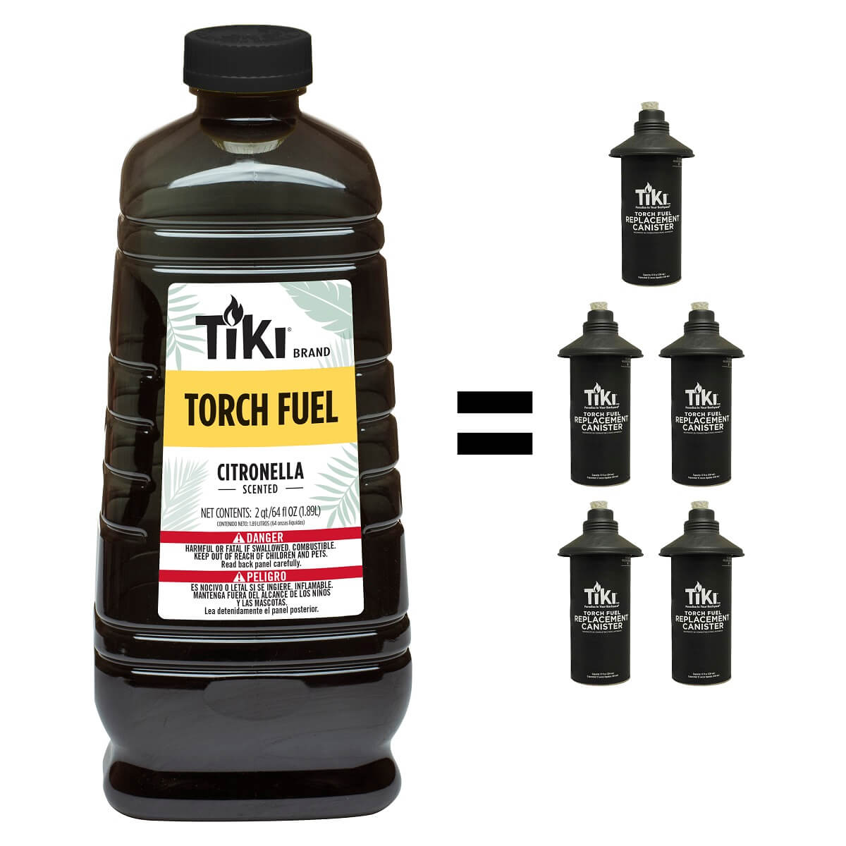 TIKI® Brand Citronella Torch Fuel bottle equals four replacement canisters; ideal for outdoor torch refills.