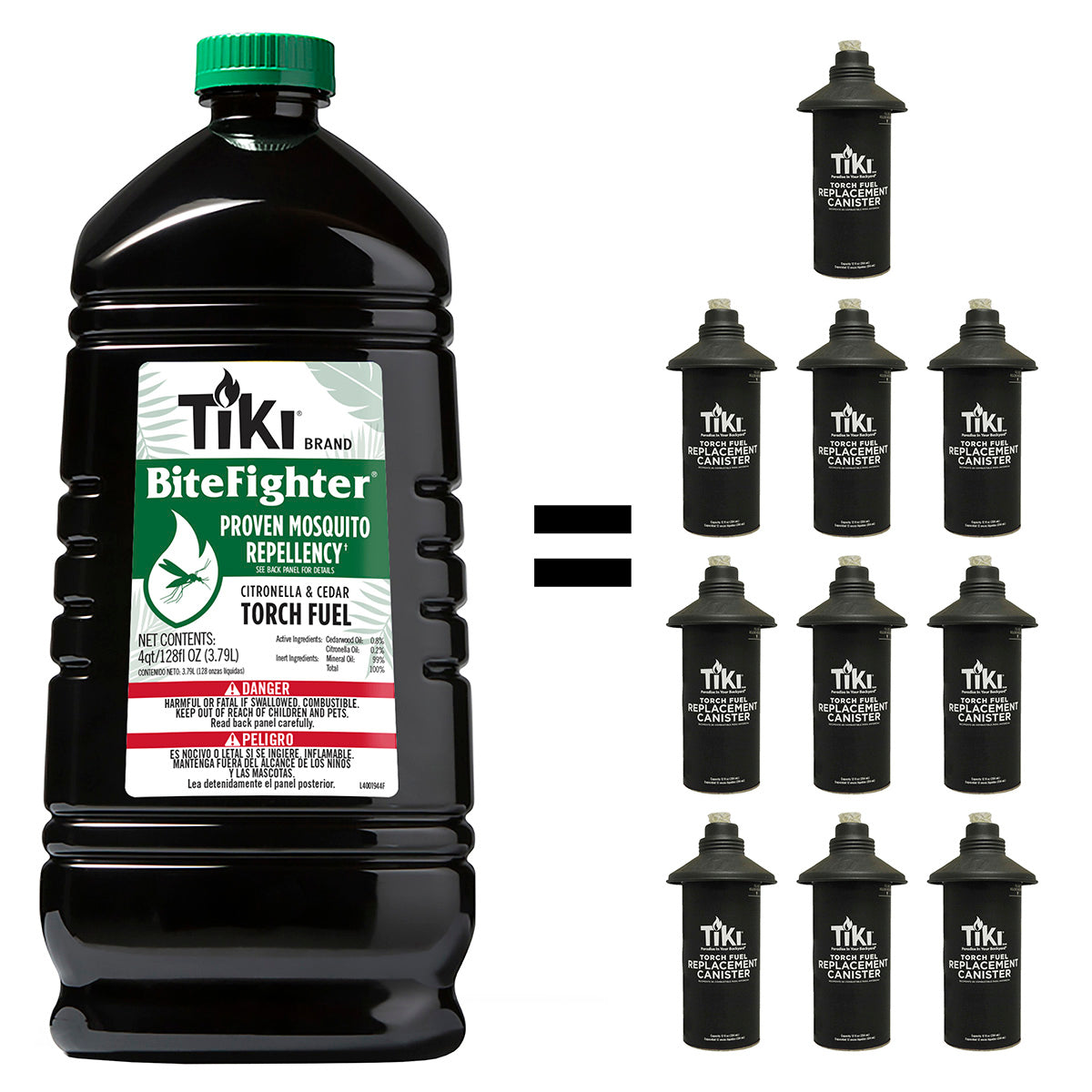 One 4-qt TIKI BiteFighter Torch Fuel bottle equals ten TIKI torch replacement canisters.