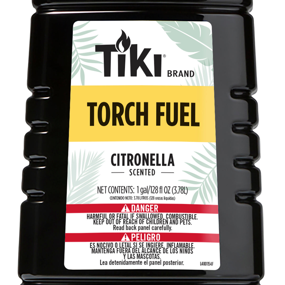 TIKI Brand citronella-scented torch fuel, 1-gallon container, with safety warnings in English and Spanish.