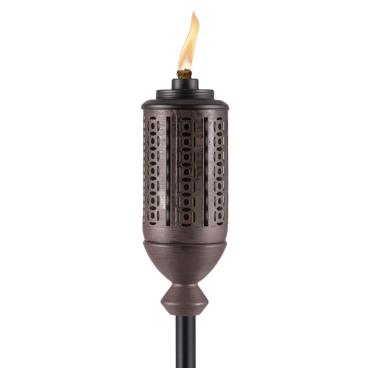 Bronze metal TIKI® torch with decorative cutouts, shown lit, designed for outdoor use on a black pole.