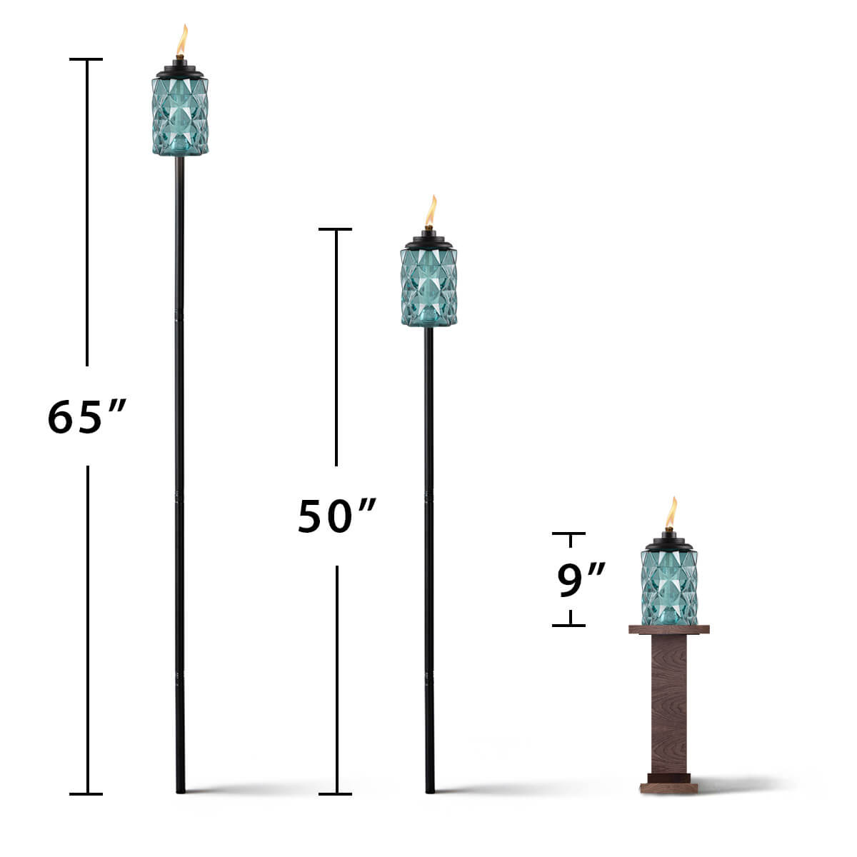 Three TIKI torches shown at 65", 50", and 9" heights for versatile outdoor lighting options.