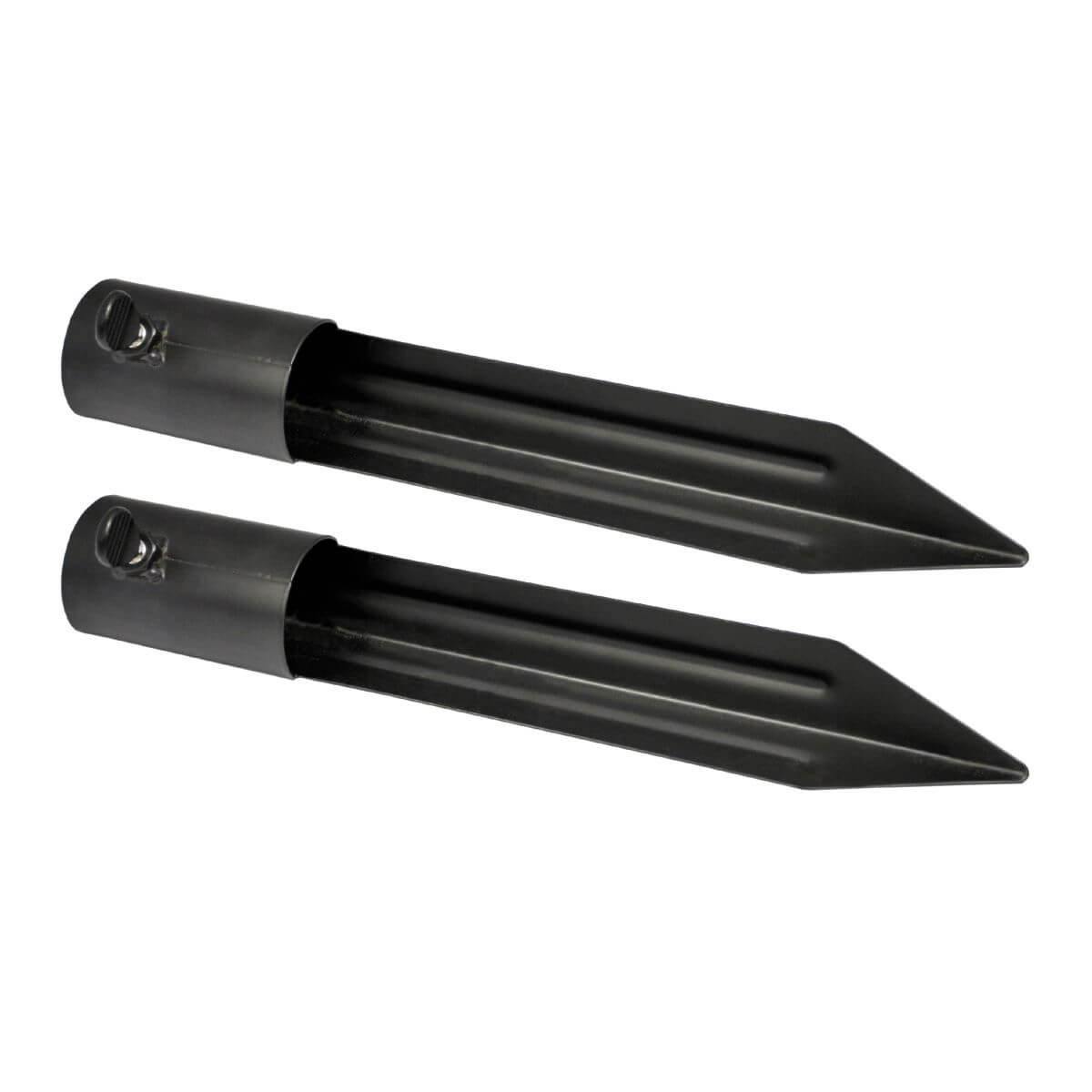 Two black metal TIKI® torch stakes for securing torches in the ground. Each stake has a pointed end for easy installation.