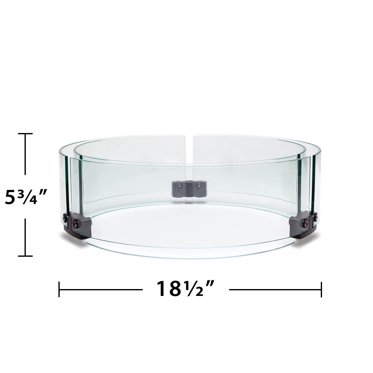 Round glass fire pit wind guard, 18.5" diameter by 5.75" high, with metal brackets for stability.