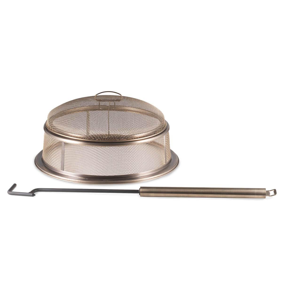 Bronze fire pit spark screen with handle; helps protect from sparks during outdoor fires.