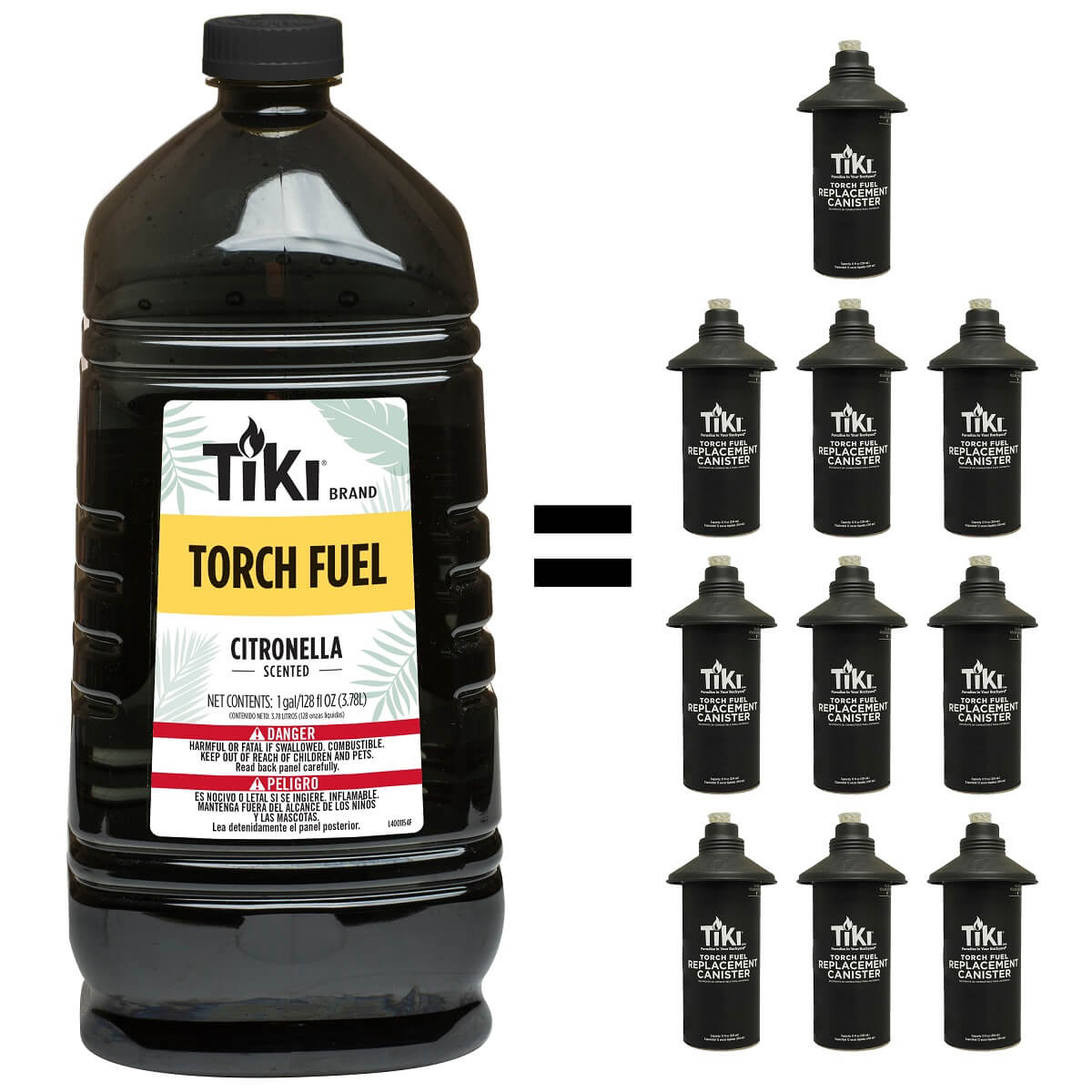 One gallon TIKI® citronella torch fuel equals ten replacement canisters; ideal for outdoor torch refills.