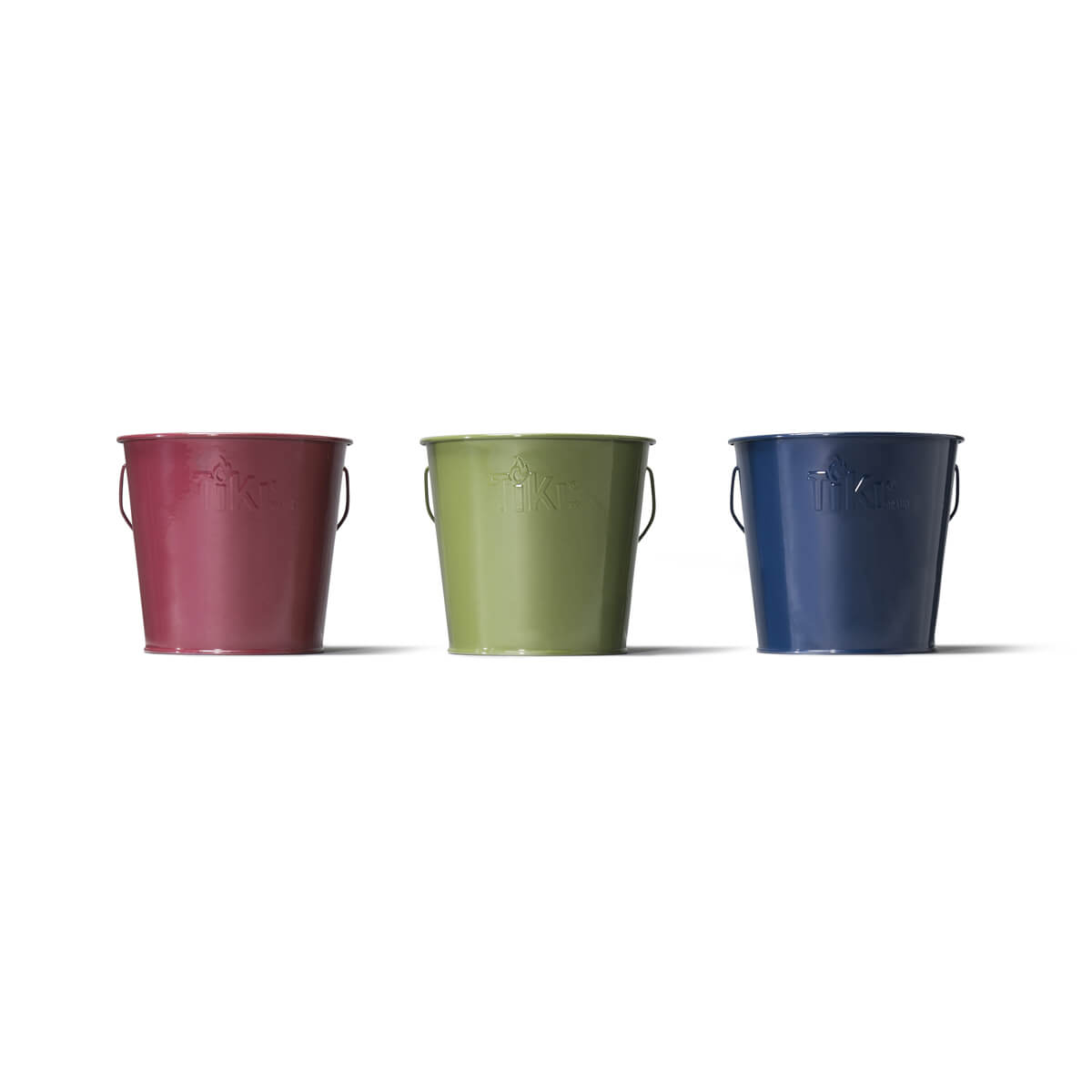 Three TIKI® metal buckets in red, green, and blue, each with side handles, ideal for outdoor use.