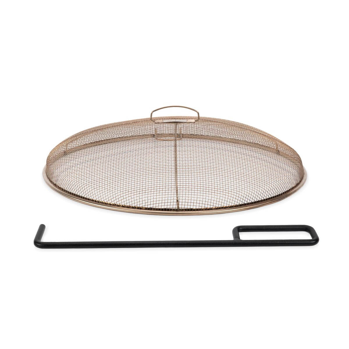 Round metal fire pit screen with handle and a black fire poker, designed for outdoor fire safety.