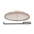 Round metal fire pit screen with handle and a black fire poker, designed for outdoor fire safety.