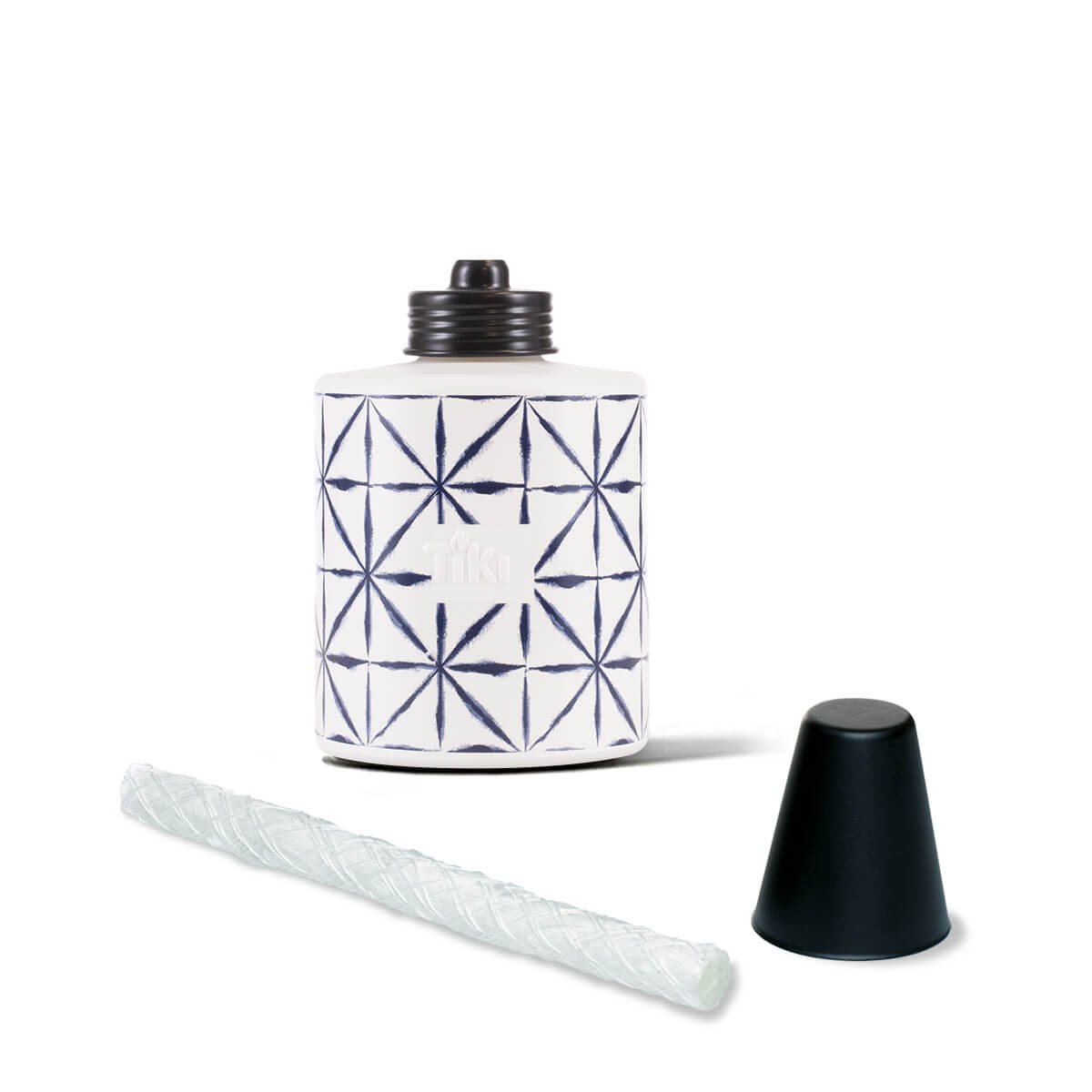 Geometric ceramic TIKI torch fuel canister with wick and black snuffer cap, designed for outdoor use.