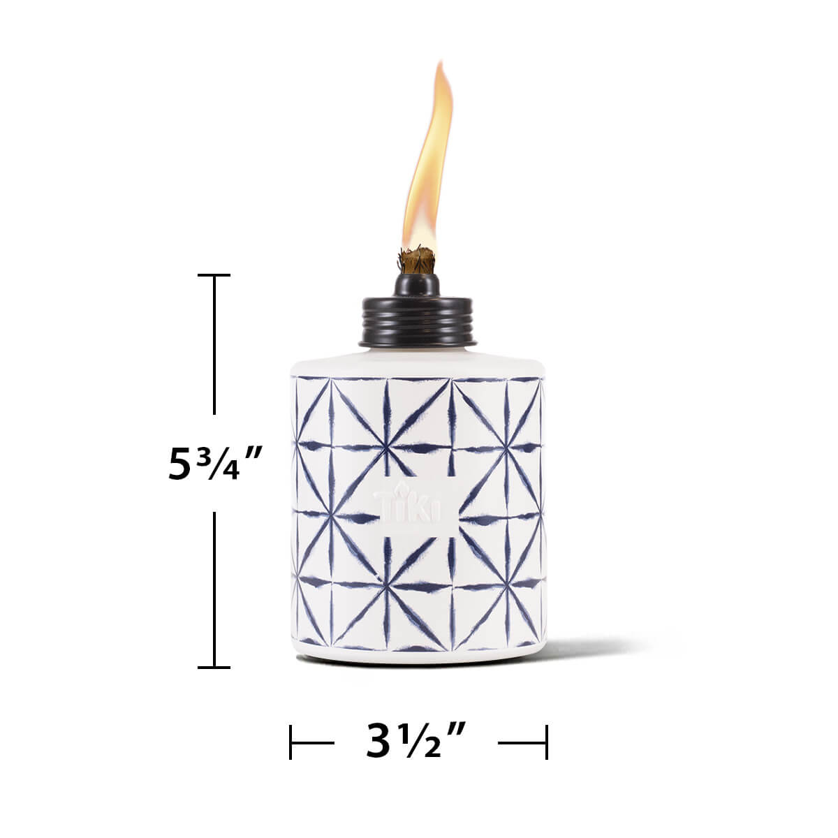 Geometric ceramic TIKI tabletop torch, 5.75" tall by 3.5" wide, with a visible flame and ADA-compliant design.