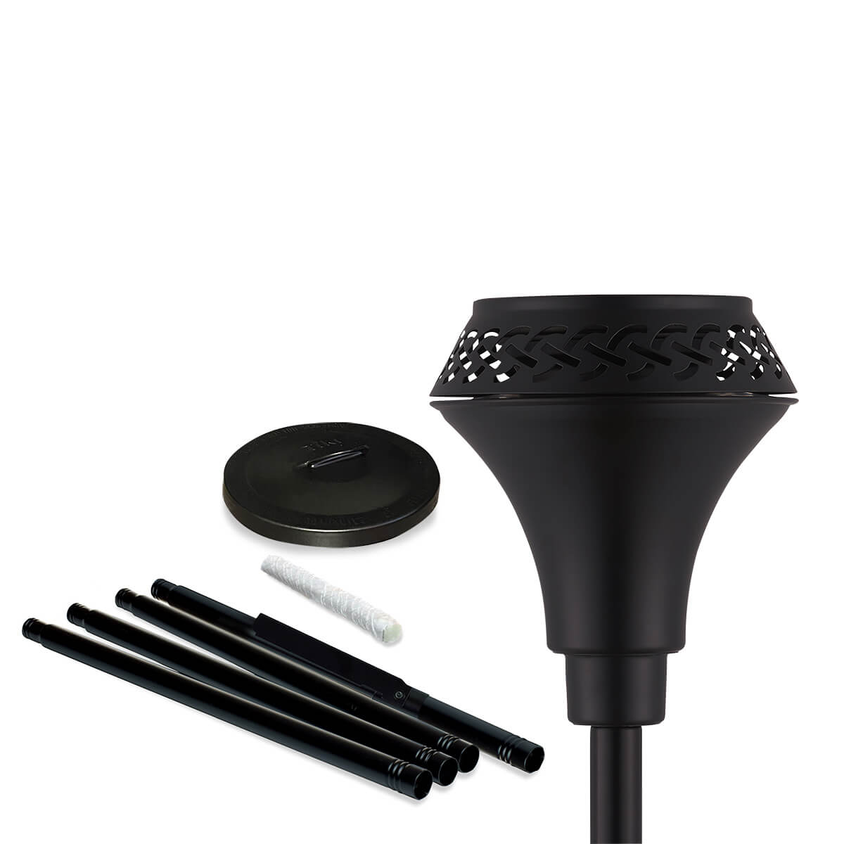 Black metal TIKI Brand torch kit with decorative head, pole sections, base, and wick, shown disassembled for easy setup.