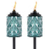 Pair of teal glass TIKI torches with diamond pattern, black tops, and visible flames, designed for outdoor ambiance.