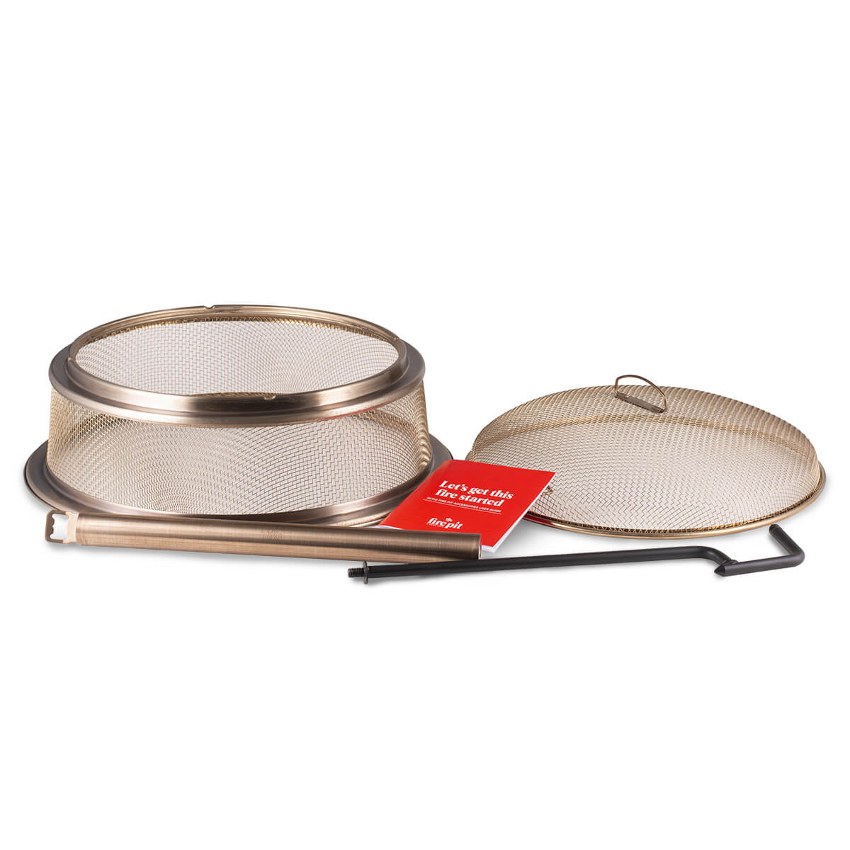 TIKI fire pit spark screen kit with mesh covers, poker tool, and instructions for safe outdoor fire pit use.