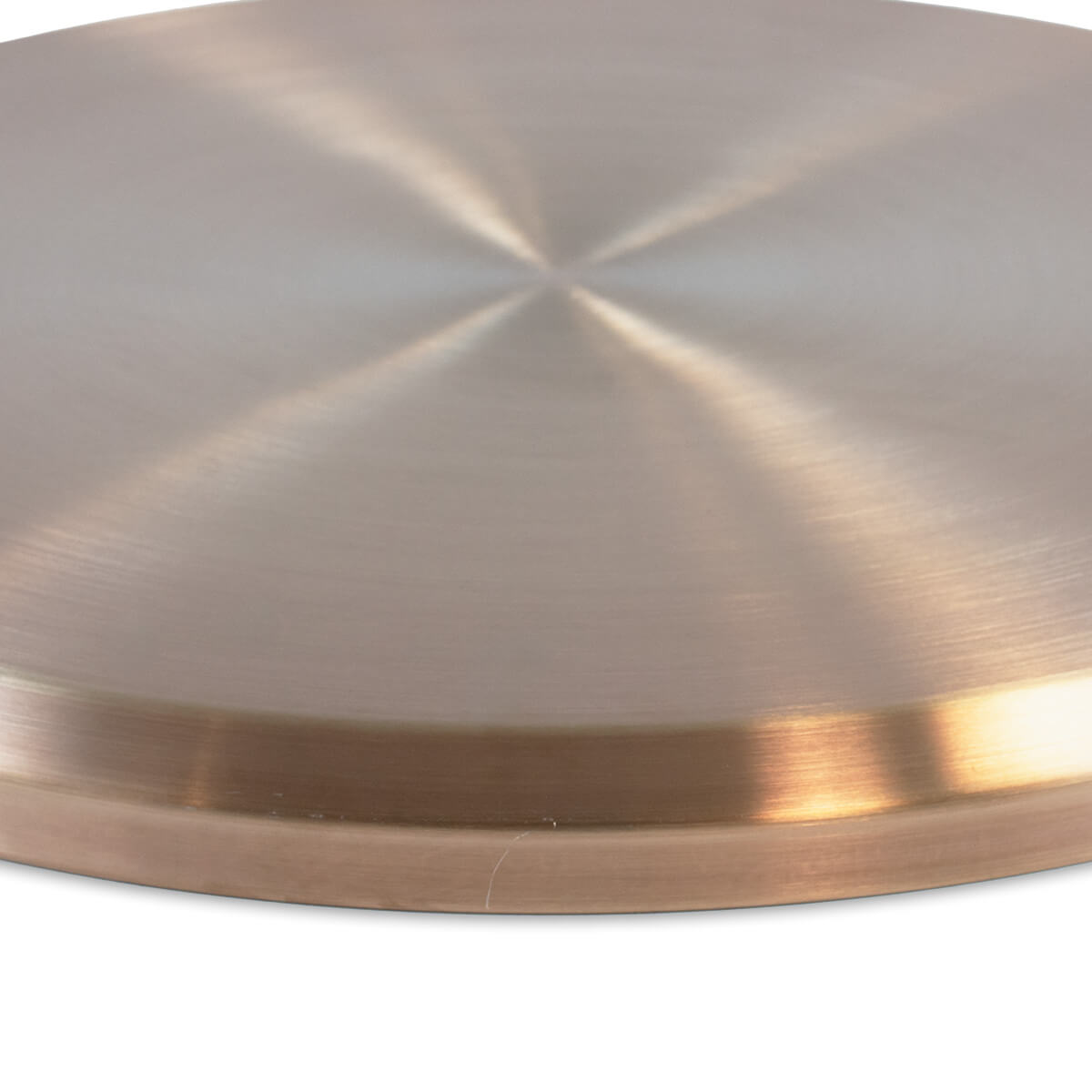 Close-up of a brushed copper tabletop torch base with a smooth, circular finish.