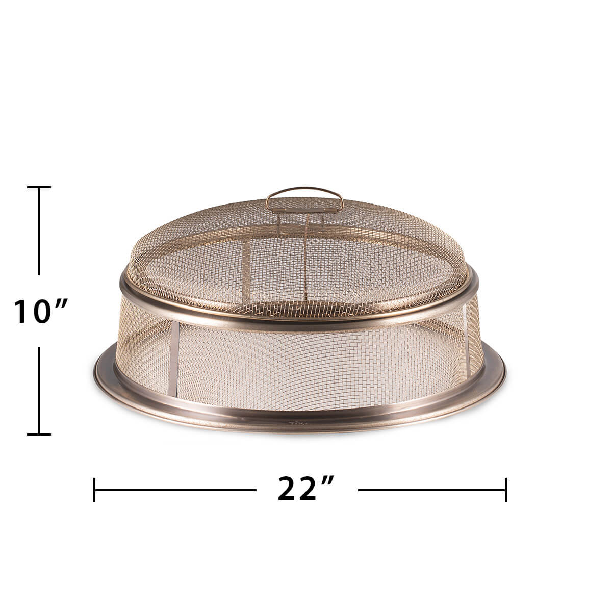 Round metal fire pit screen, 22 inches wide by 10 inches tall, with mesh sides and a top handle for easy lifting.