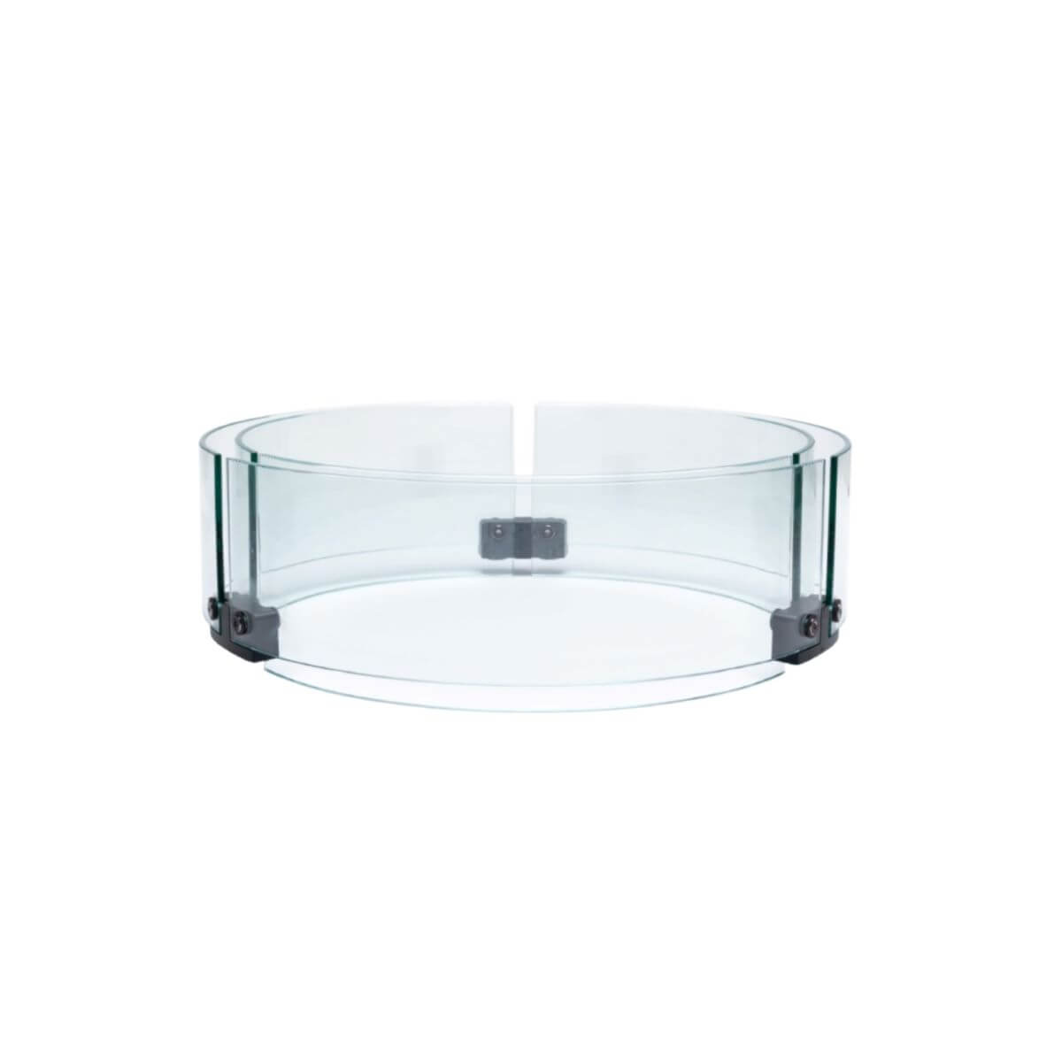 Clear glass wind guard for TIKI® fire pit; round shape with metal brackets for safety and flame protection.