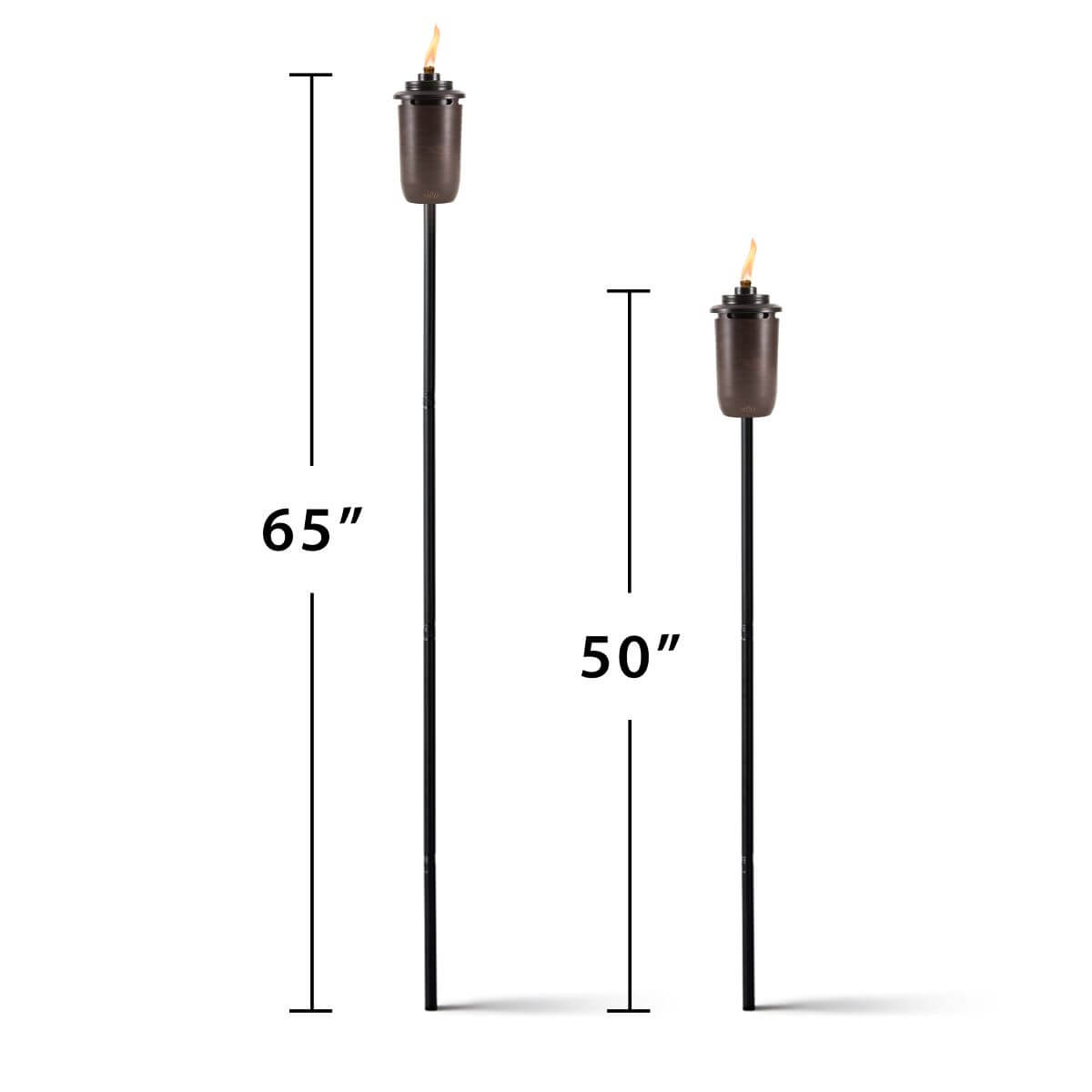 Two TIKI® torches with flames, shown at 65" and 50" heights, on white background for size comparison.