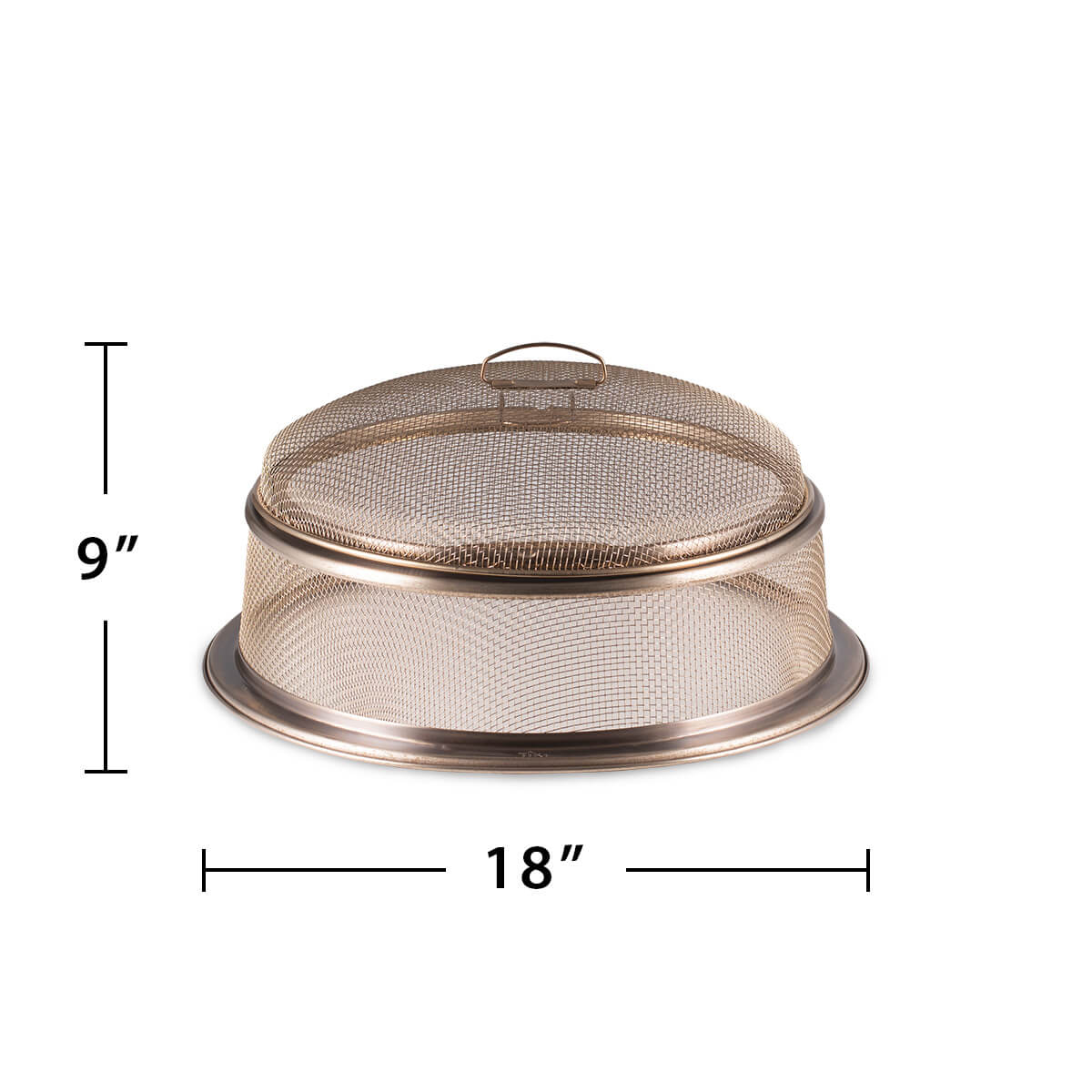 Round metal mesh fire pit screen, 18 inches wide by 9 inches tall, with a handle on top for easy lifting.