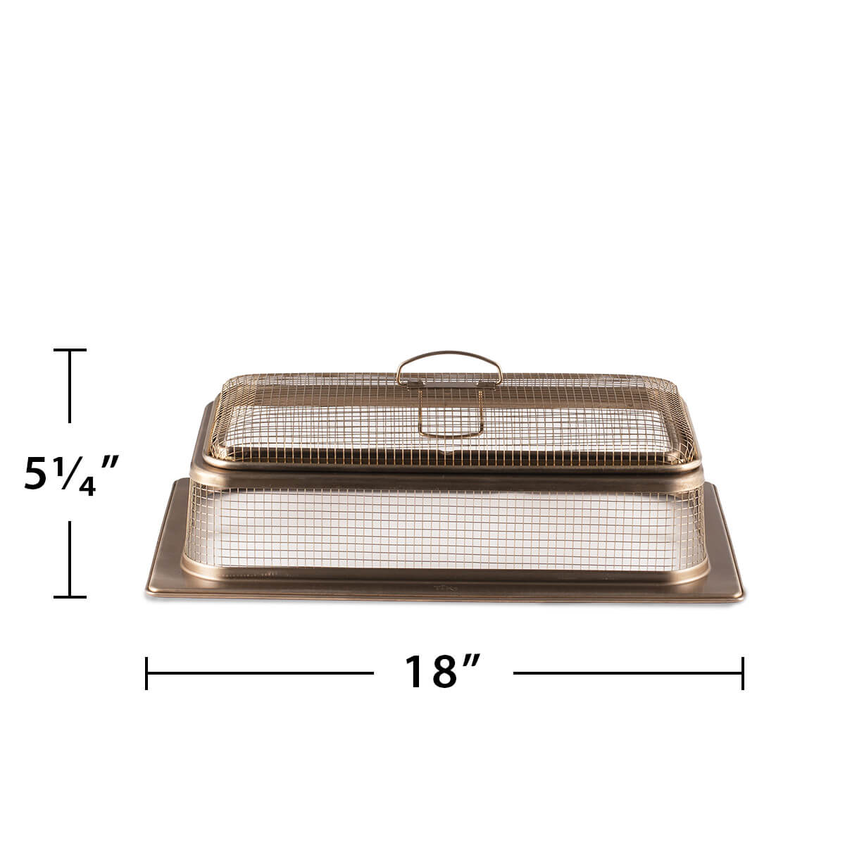 Rectangular bronze food cover, 18" wide by 5.25" tall, with mesh sides and handle for outdoor use.