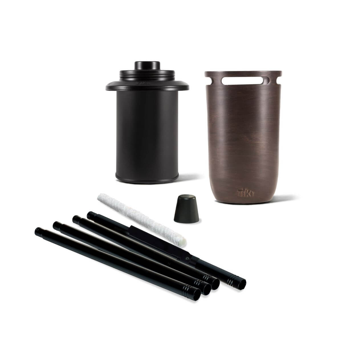 TIKI torch parts kit with brown torch head, black fuel canister, poles, wick, and snuffer cap, shown disassembled.