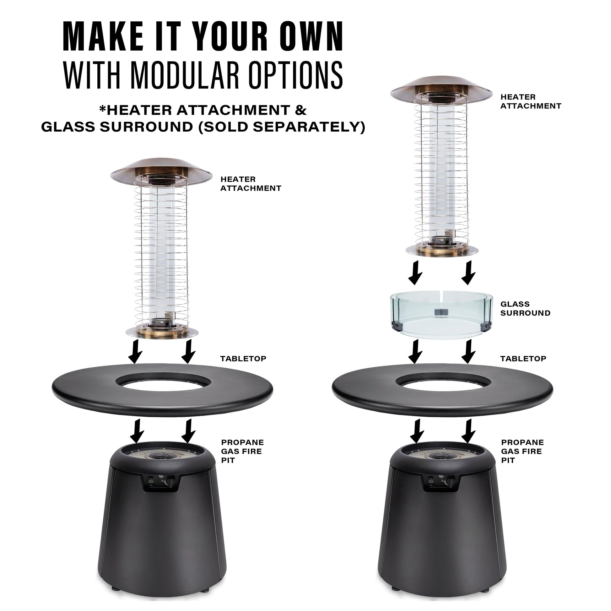 Two modular propane fire pits with tabletop, heater attachment, and optional glass surround for customizable outdoor warmth.