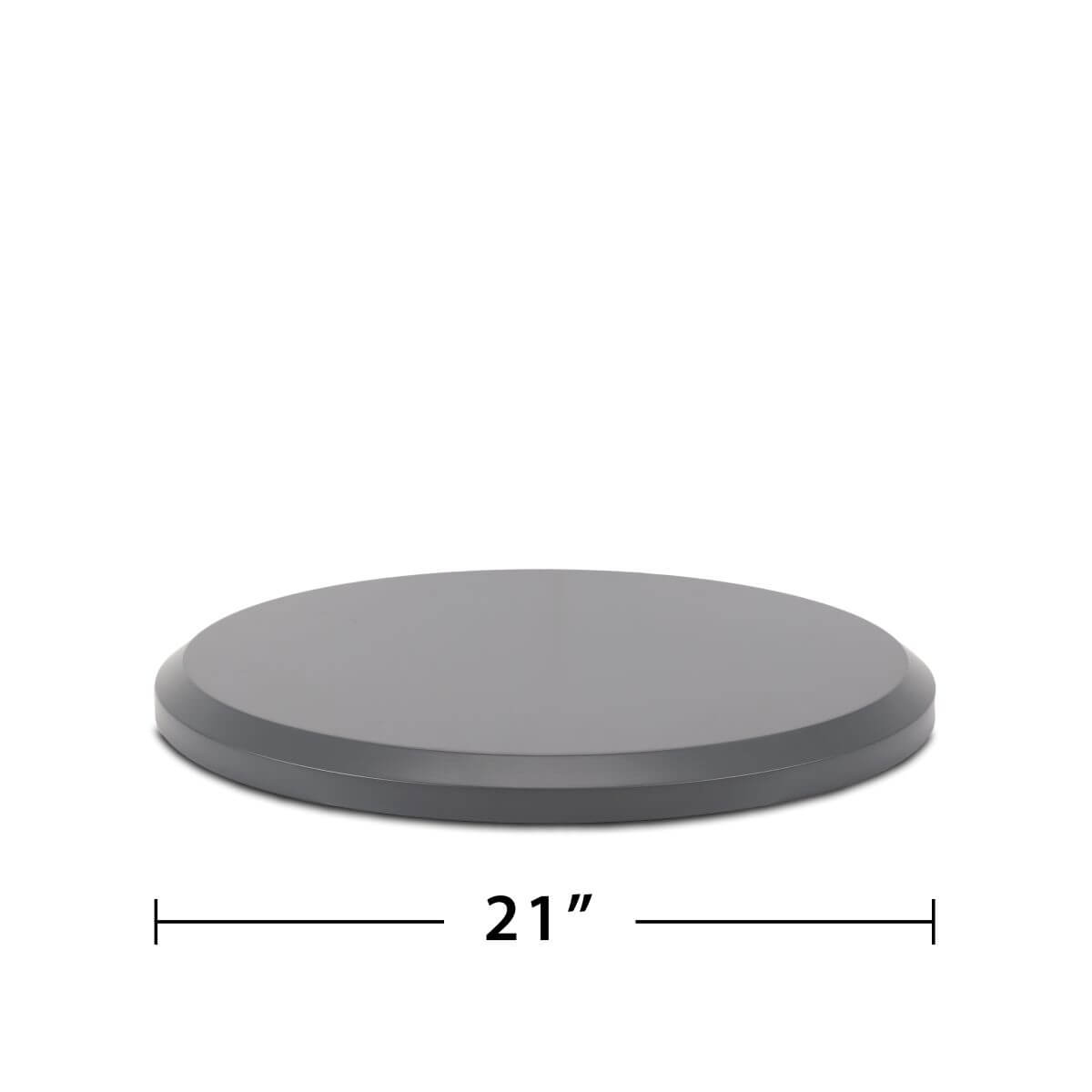 Round, gray TIKI Brand fire pit base, 21 inches in diameter, shown on a white background.
