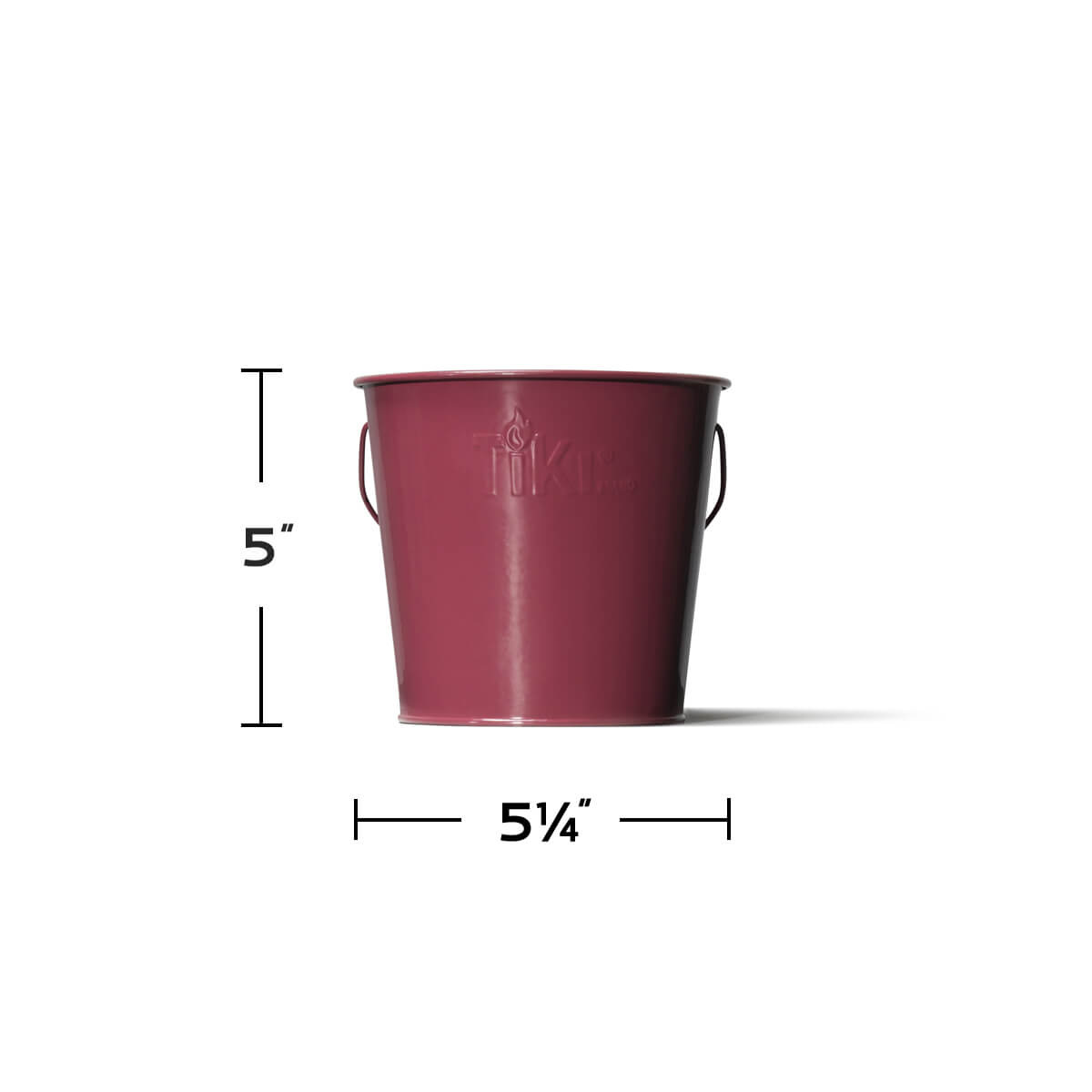 Burgundy TIKI® metal bucket, 5 inches tall by 5.25 inches wide, with side handles and embossed logo.