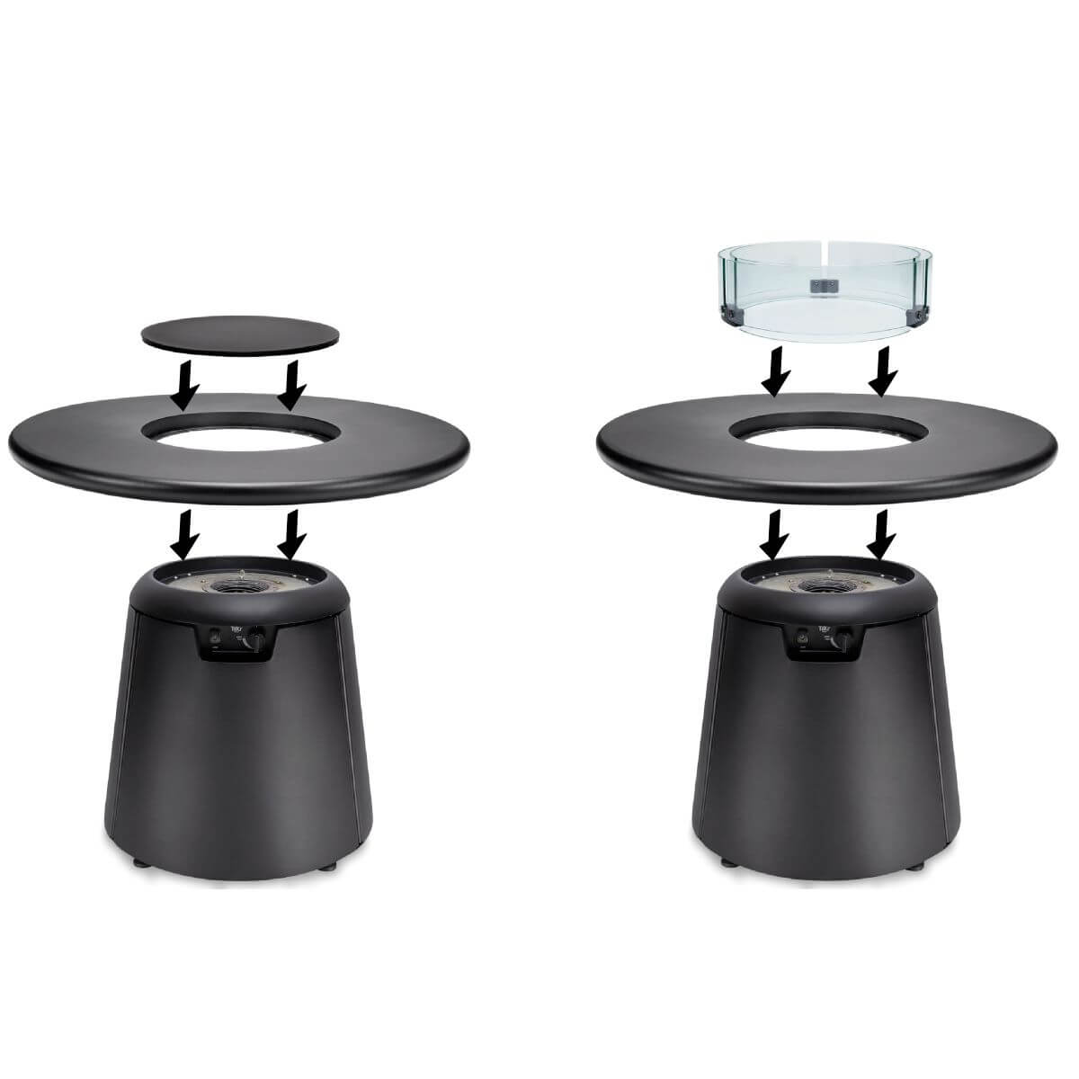 Two assembly diagrams for a TIKI fire pit table, showing tabletop and glass guard installation steps.