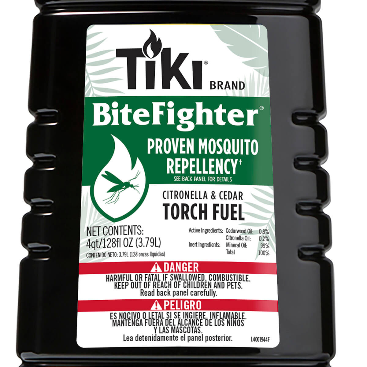TIKI BiteFighter citronella & cedar torch fuel, 4qt bottle. Proven mosquito repellency for outdoor use.