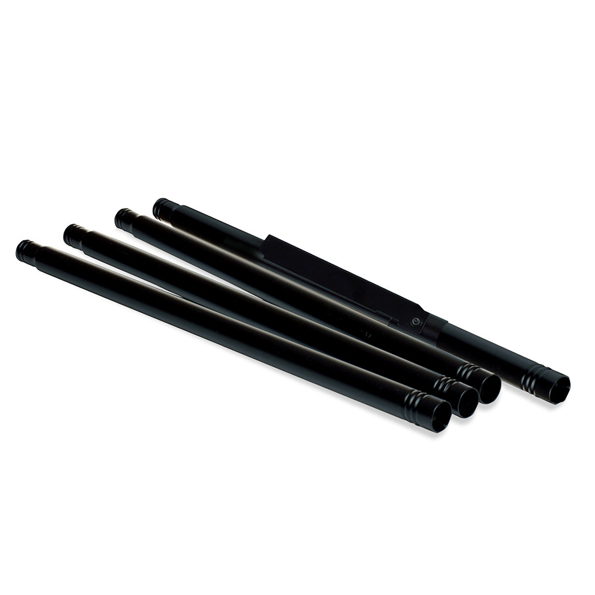 Four black metal torch poles with threaded ends, designed for assembling TIKI® Brand torches.