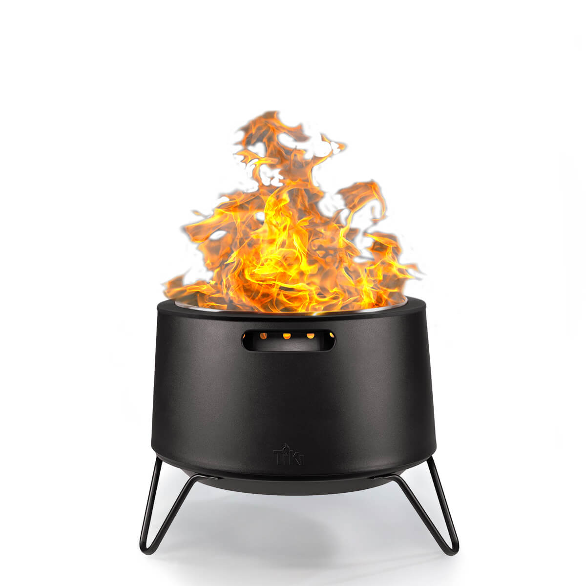 Black TIKI fire pit with bright flames, elevated on sturdy legs, shown on a white background.