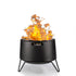 Black TIKI fire pit with bright flames, elevated on sturdy legs, shown on a white background.