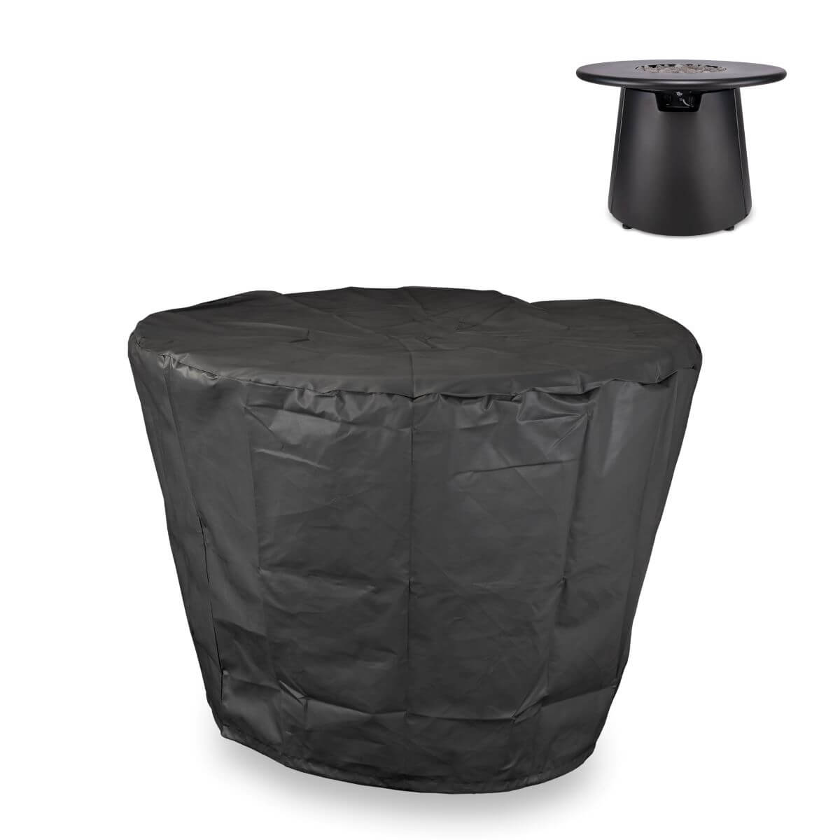 Black protective cover fits over a round TIKI® fire pit table, shown with and without the cover for reference.