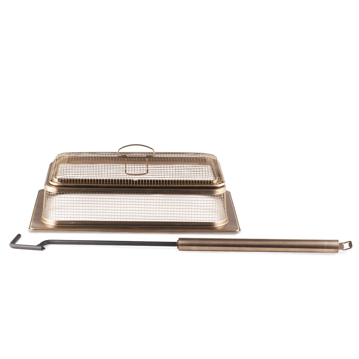 Bronze fire pit spark screen with handle, designed for safe outdoor use and easy access to flames.