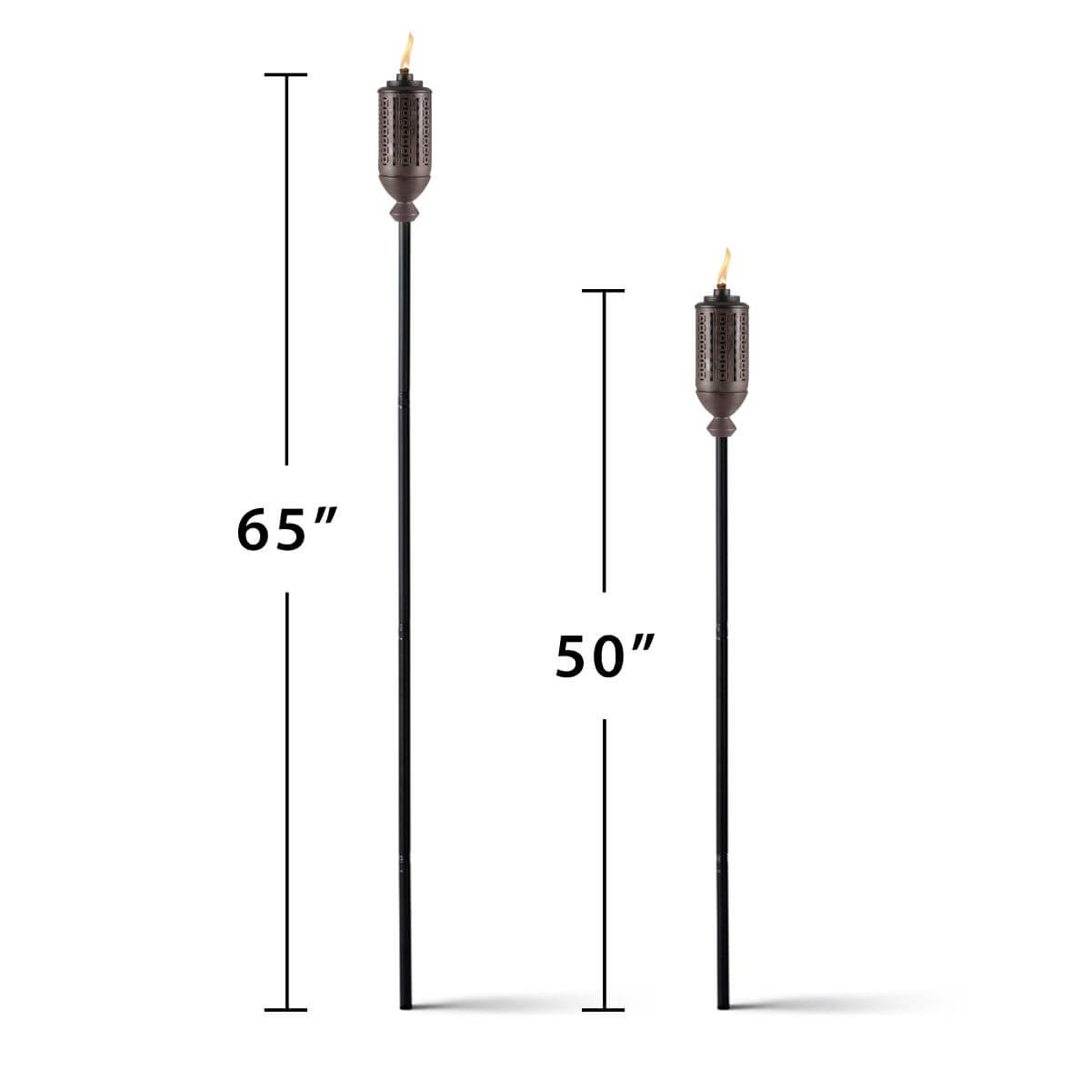 Two brown TIKI® torches with flames, shown at 65 and 50 inches tall, on white background.