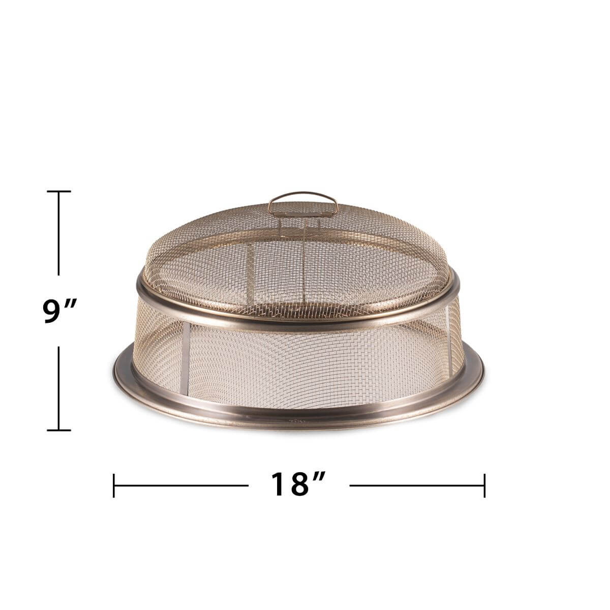 Round fire pit screen, 18 inches wide by 9 inches tall, with mesh cover and handle for outdoor fire safety.