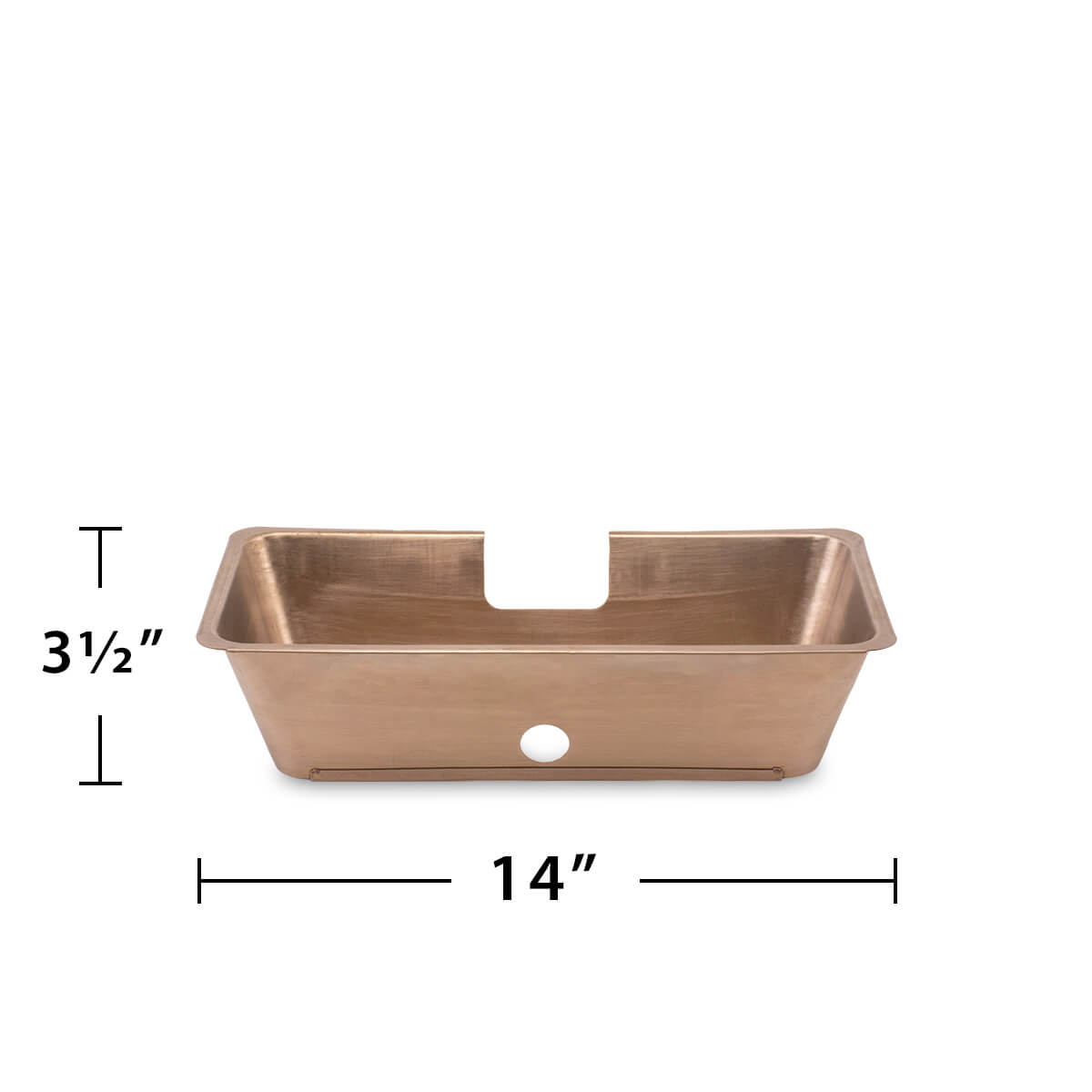 Rectangular copper fire pit insert, 14 inches wide by 3.5 inches tall, with center hole for TIKI® torch installation.