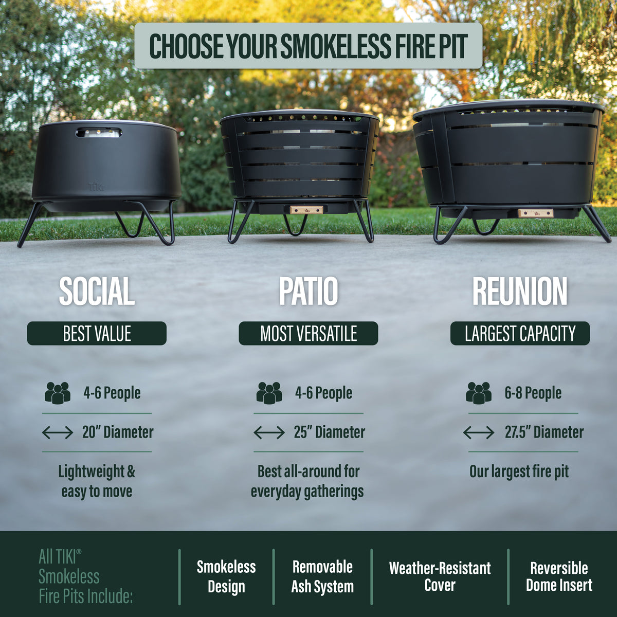 Three smokeless fire pits: Social, Patio, and Reunion. Black, round, metal, with varying sizes for 4-8 people.